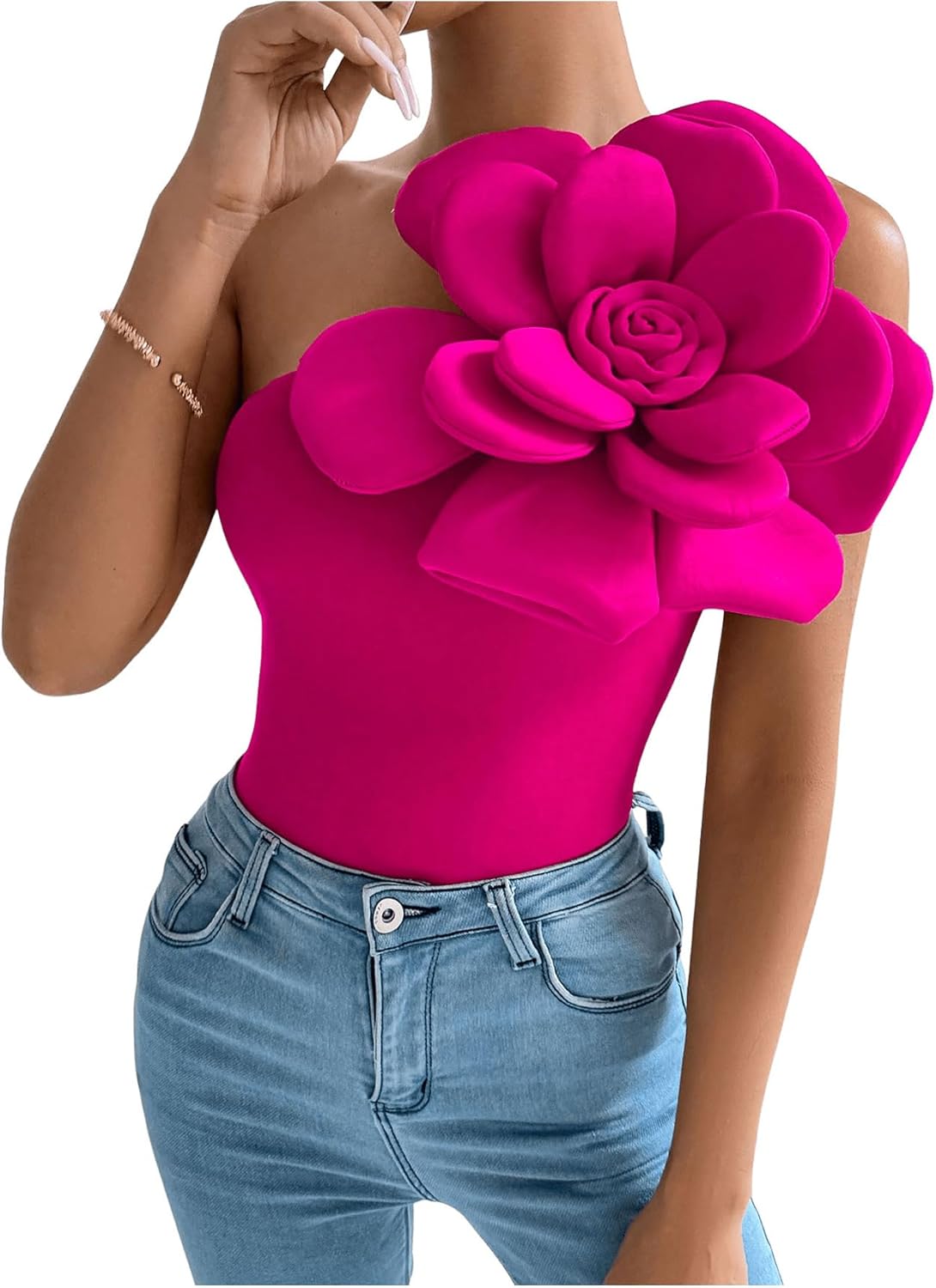 SHENHE Women's 3D Flower Top One Shoulder Sleeveless Slim Fit Elegant Rosette Top Blouse