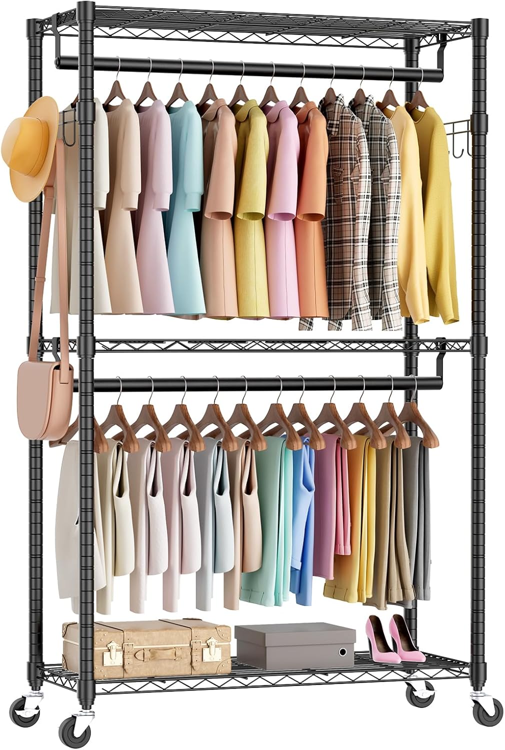 Sweetcrispy Rolling Clothes Rack, Heavy Duty Garment Racks 3 Tiers Portable Adjustable Wire Shelves with Wheels, Hanging Rods & Side Hooks Metal Freestanding Clothing Wardrobe Closet - Black