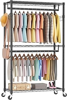 Sweetcrispy Rolling Clothes Rack, Heavy Duty Garment Racks 3 Tiers Portable Adjustable Wire Shelves with Wheels, Hanging Rods & Side Hooks Metal Freestanding Clothing Wardrobe Closet - Black