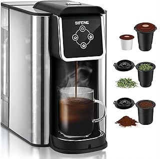 SIFENE Single Serve Coffee Maker, 3-in-1 Quick Brew for Coffee Pods, Ground Coffee, & Loose Tea, 6-12oz Cup Sizes, 50oz Removable Water Tank, 1150W, Compact, Black