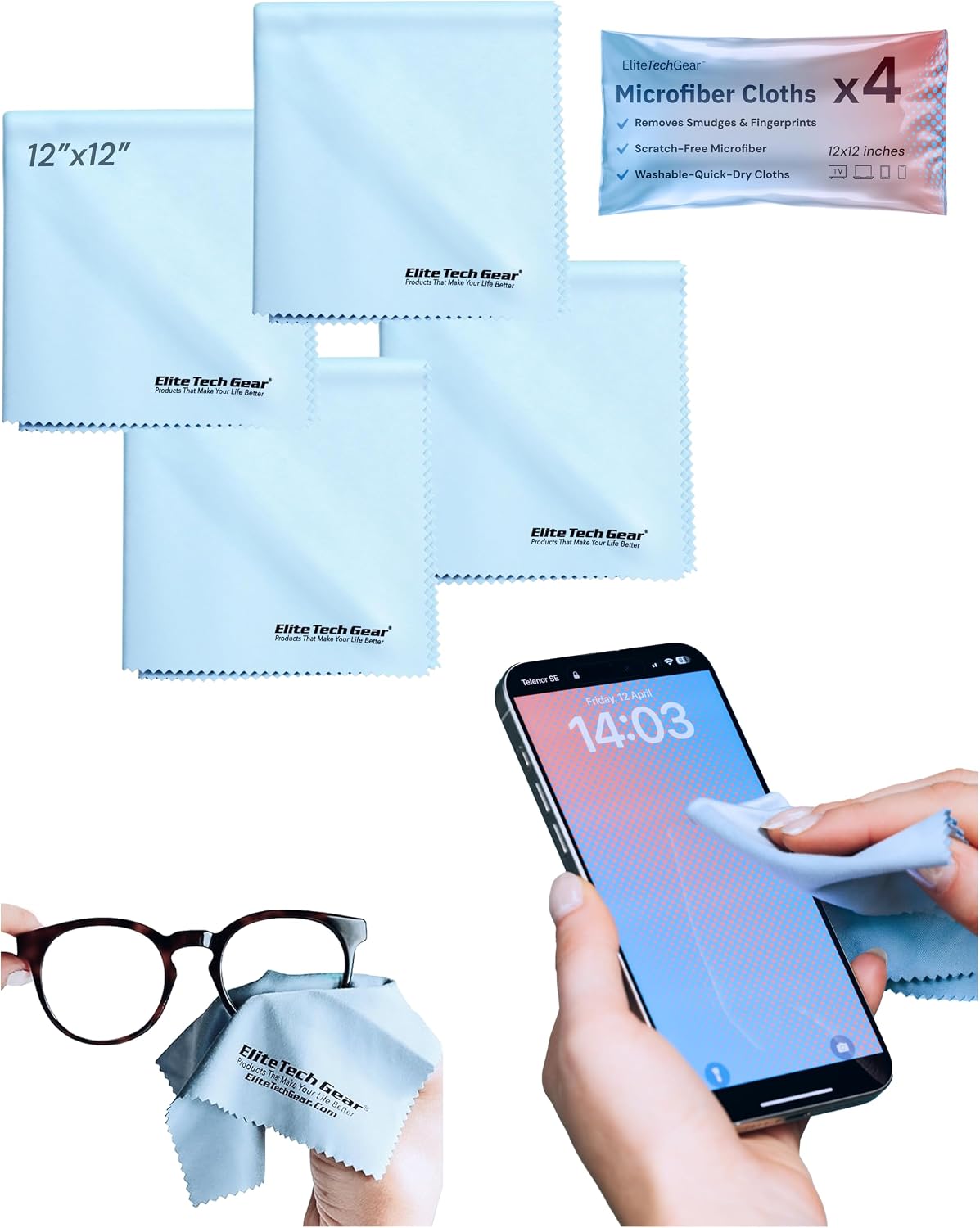 Elite Tech Gear 4-Pack Microfiber Cloth Set - 12"x12" Oversized Washable & Durable Wipes for Glasses, Lenses, Electronics & Screens - Glasses Cleaner Cloth