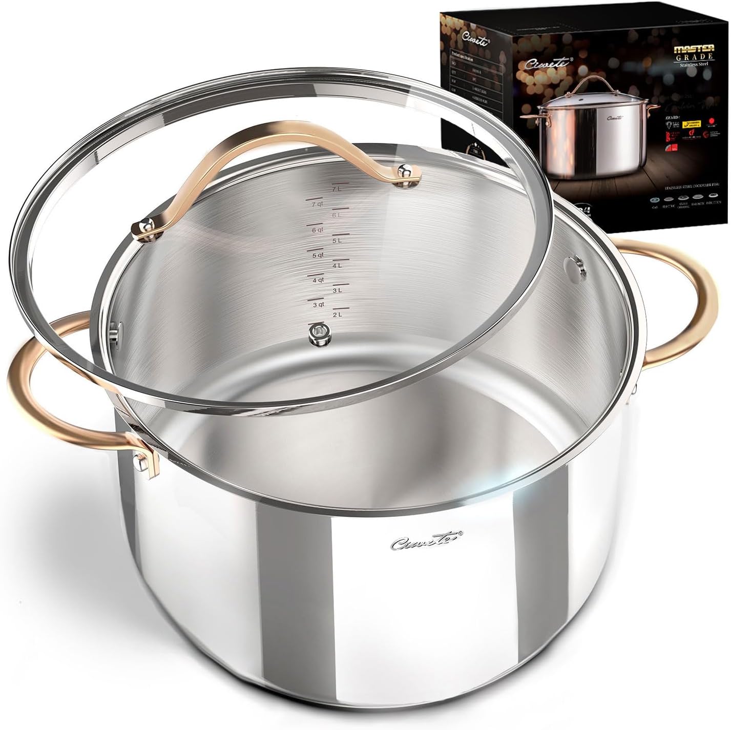 8 Quart Stock Pot, 3 Ply Whole Clad Stainless Steel Stock Pot, 8 QT Cooking Pot with Lid, Induction Pot for Cooking, 18/10 Stainless Steel Cookware Stockpots Oven, Gas and Dishwasher Safe