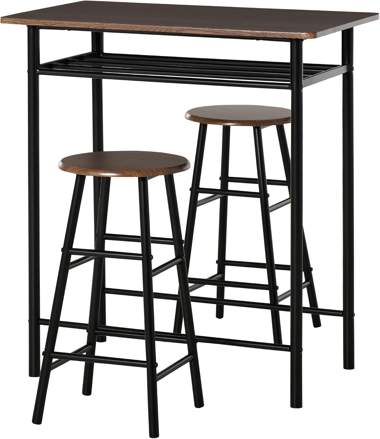 HOMCOM Breakfast Bar Table Set, 2 Stools, Storage Shelf, Black and Oak