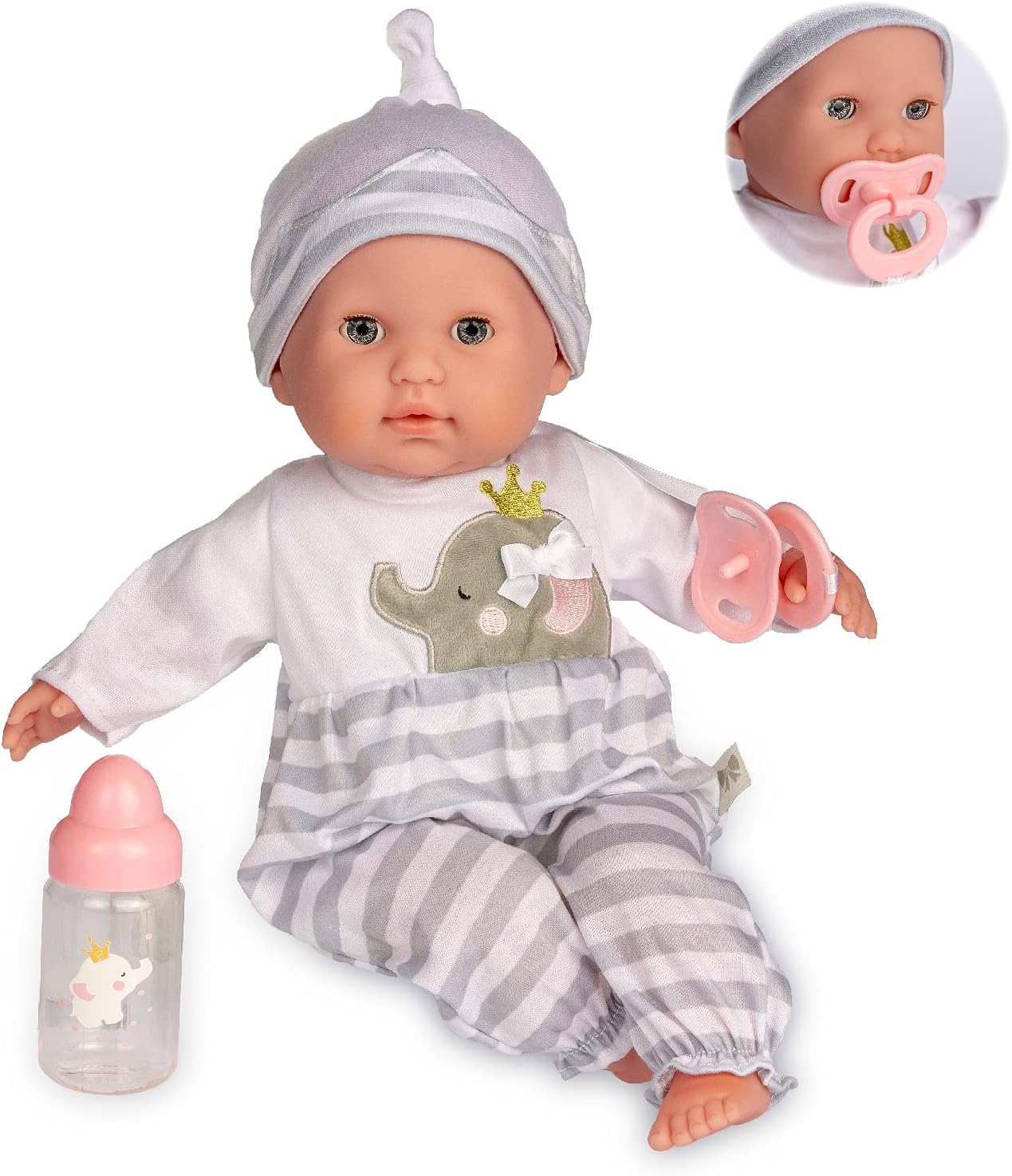 15" Realistic Soft Body Baby Doll with Open/Close Eyes | JC Toys - Berenguer Boutique | Bottle & Pacifier | Grey | Ages 2+