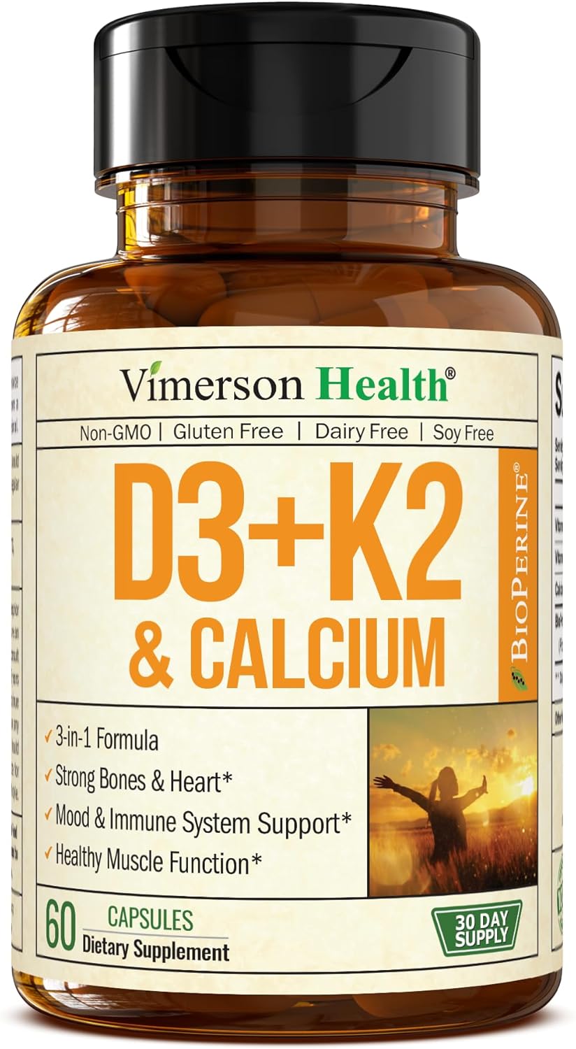 Vitamin D3, K2 Calcium Supplement with BioPerine for Immune & Bone Health - Vitamin D 5000 IU + Vitamin K2 as MK7 + Calcium. 4 in 1 Support: Strong Bones & Teeth Plus Joint & Heart Health. 60 Capsules