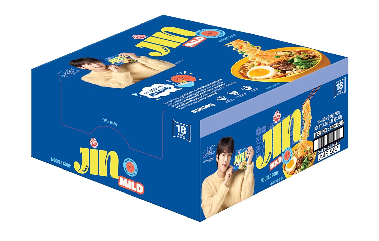 OTOKI Jin Ramen, BTS Jin & JIN RAMEN edition, Authentic Korean Instant Noodles, Rich and Savory Beef Broth, Quick and Easy Meal 4.23 oz x 18 Pack (1 Box) (PACK OF 18, MILD)
