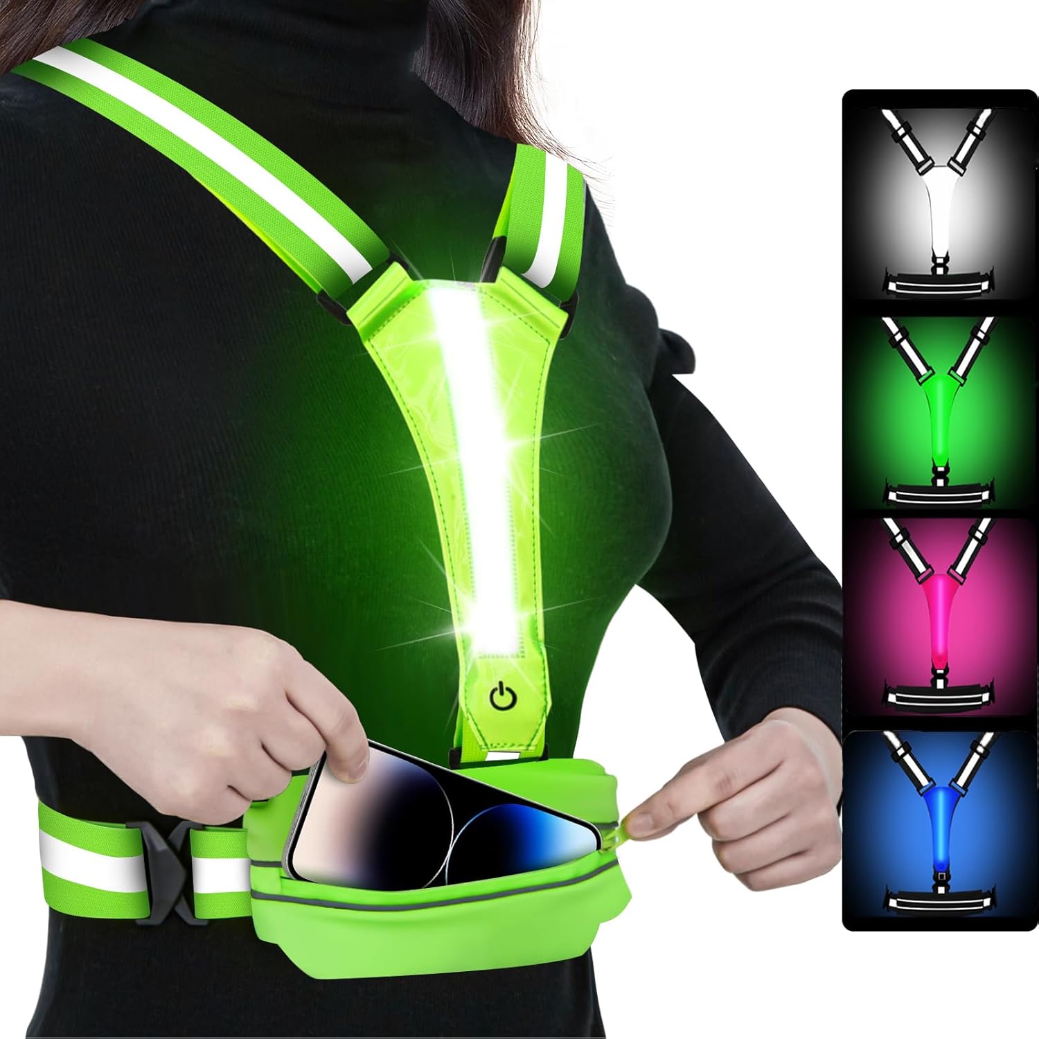 Upgraded LED Reflective Running Vest with Pouch - 4 Color Light-Up Vest with 3 Light Modes, Rechargeable Safety Gear for Night Cycling, Dog Walking & Jogging, Adjustable for Women, Men & Kids
