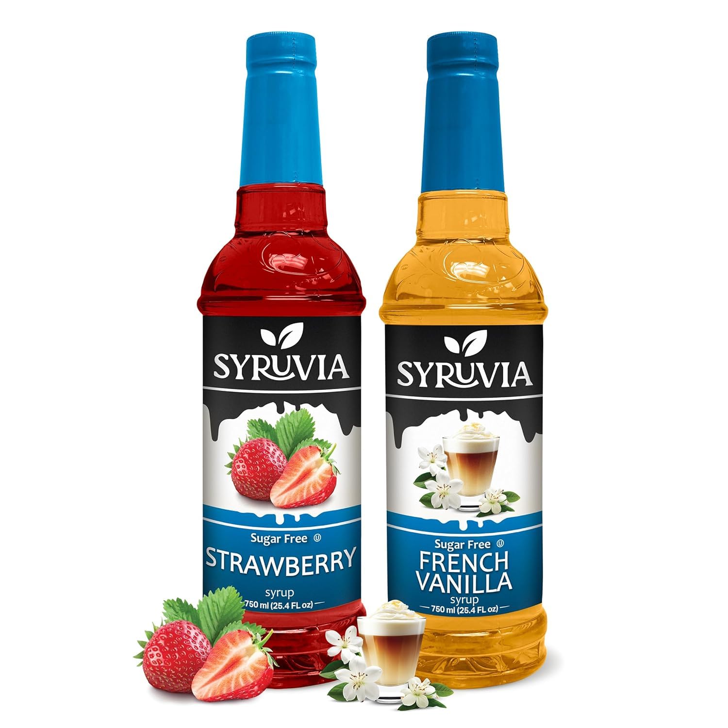Syruvia Sugar-Free Strawberry Syrup & Sugar-Free French Vanilla Syrup - 25.4 fl oz. Premium Flavoring Syrup. 0 Calories, Kosher, and Gluten-Free. Ideal for Drinks, Sodas, Shakes, Desserts, and More.