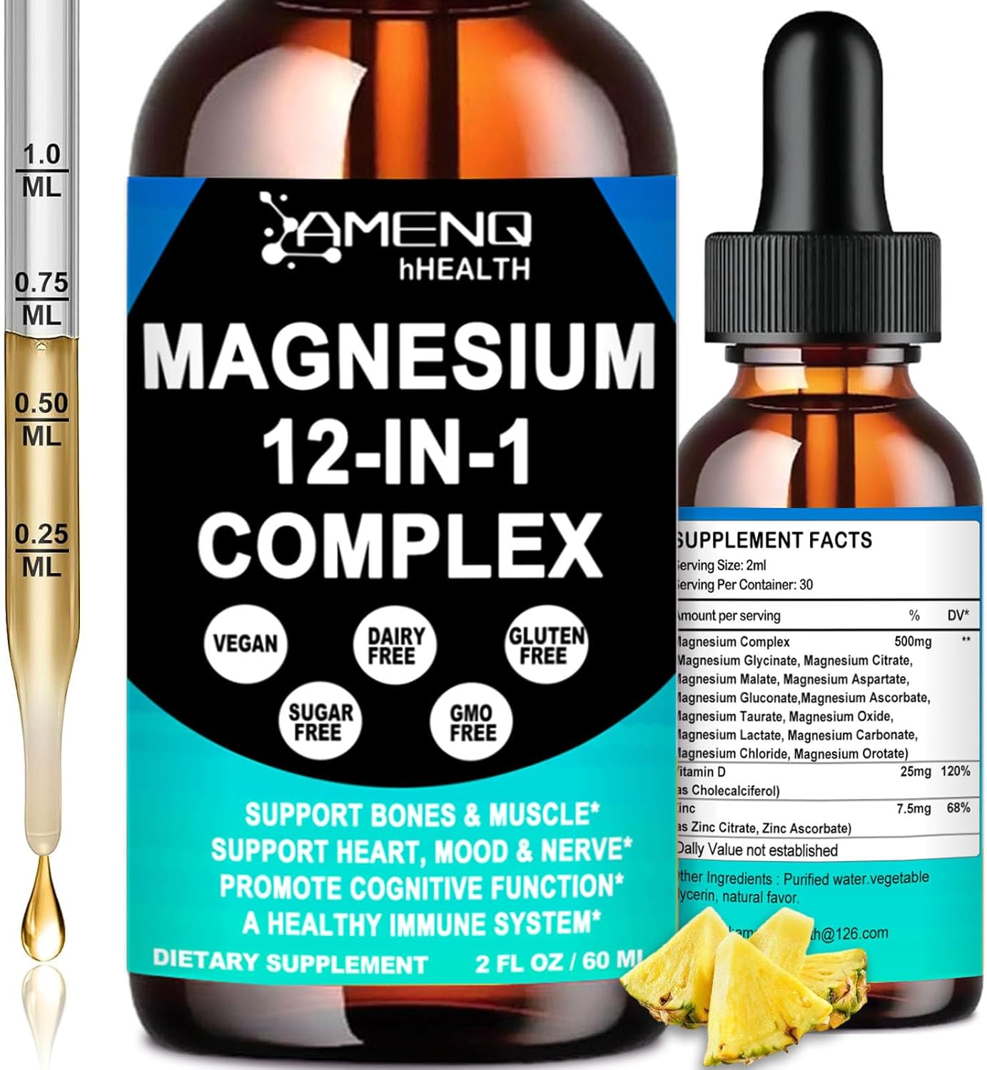 Magnesium 12 in 1 Complex Liquid Drops Magnesium Supplement w. Glycinate Citrate Malate Taurate Oxide Aspartate Orotate, Calm Magnesium for Sleep Muscle Heart Support丨Max Absorption Liquid Formula