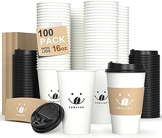 Coffee Cups with Lids and Sleeves, 16 Ounce 100 pack To Go Coffee Cups with Lids, Paper Hot Coffee Cups for Hot and Cold Beverage (White, 16 Ounce)