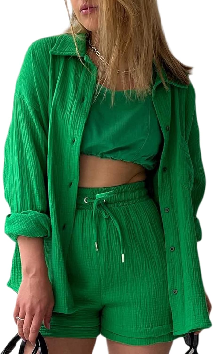 Geagodelia Women's 2 Pieces Outfit Summer Ladies Co Ord Set Button Down Shirt Top + Shorts Y2k Aesthetic Clothes Loungewear Streetwear Workout