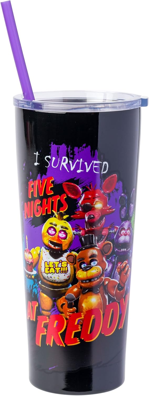 Silver Buffalo Five Nights at Freddy's I Survived Group 22oz Double Walled Stainless Steel Tumbler w Straw