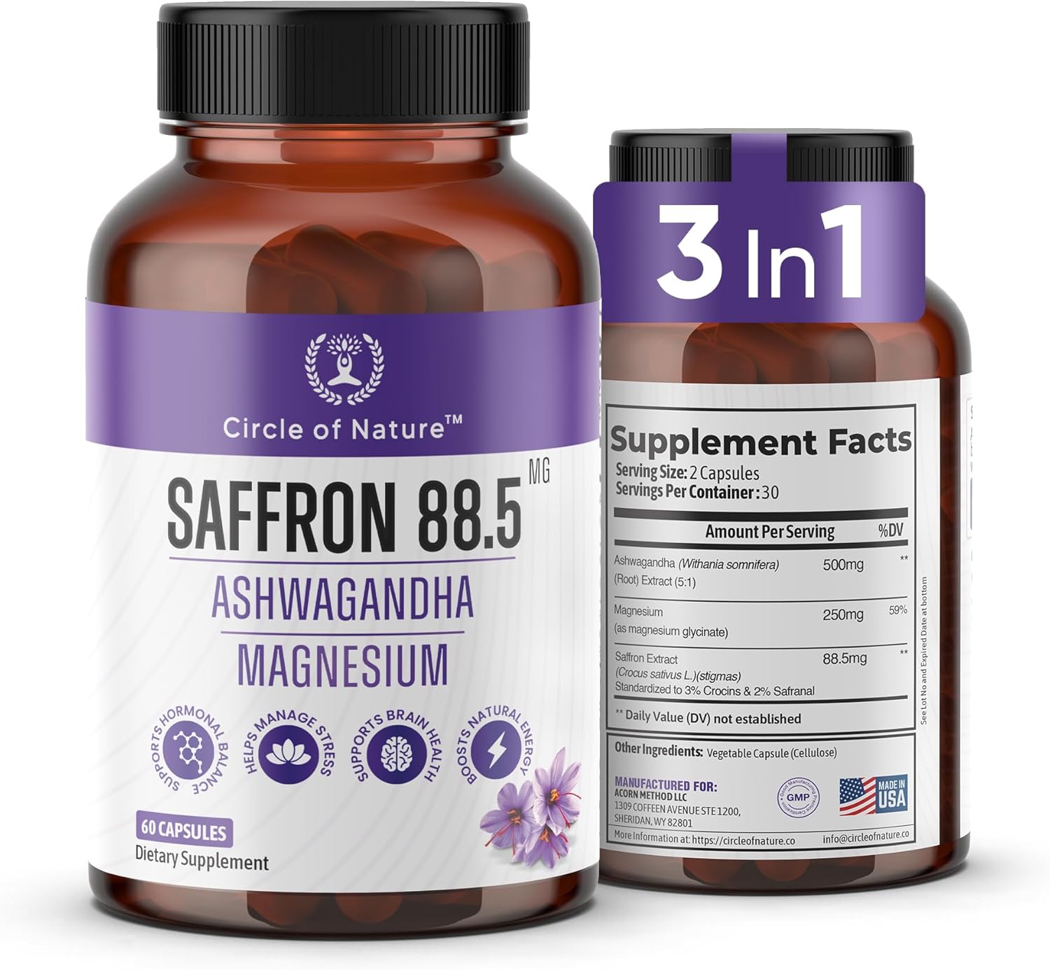 Saffron Supplement 88.5mg Boosted with Ashwagandha & Magnesium Glycinate, for Mood & Mental Health Support, 60 Clean Capsules, Saffron Stigma Extract, Made in USA