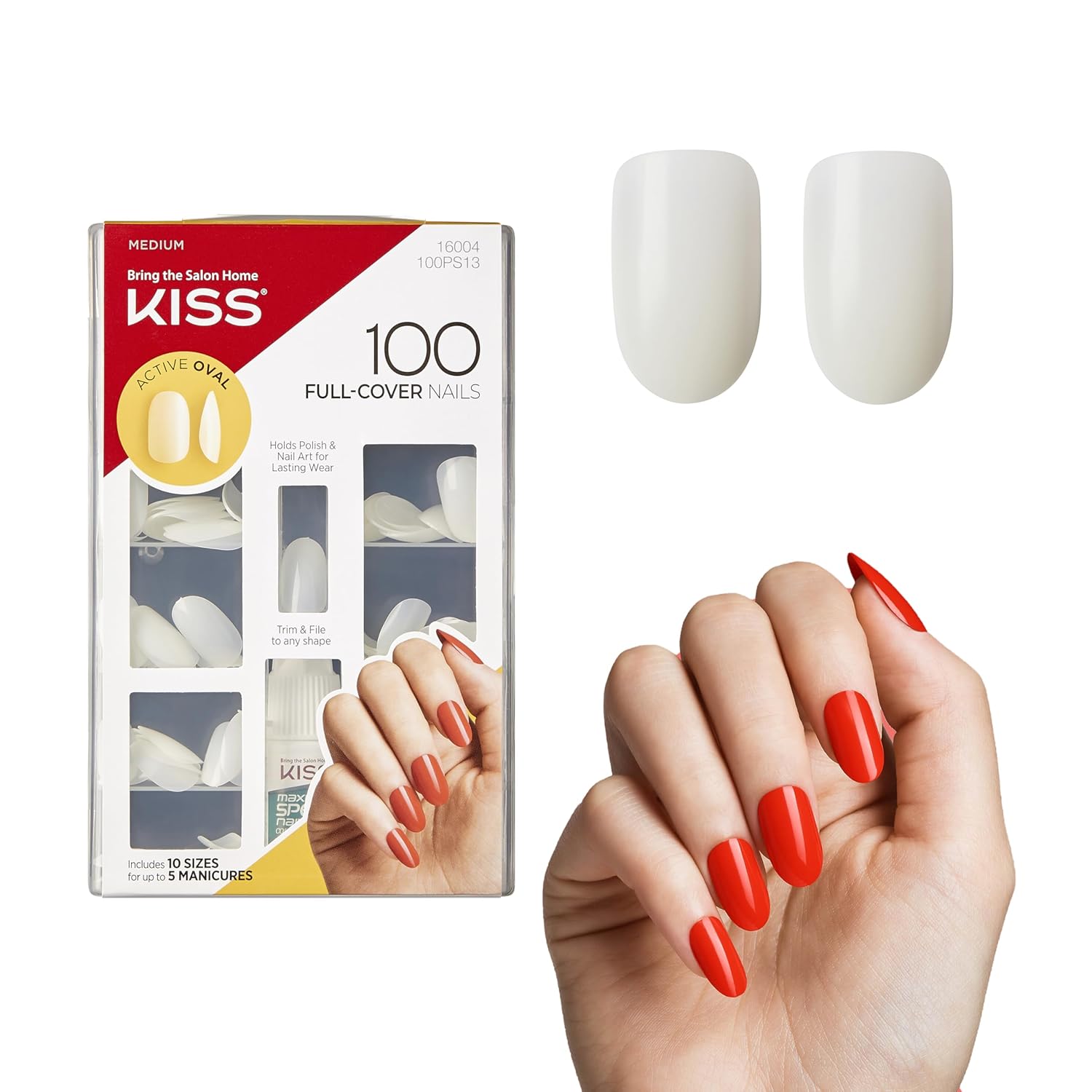 KISS 100 Full-Cover Nails, Press-On Nails, Nail glue included, 'Active Oval' Shape, Clear, Medium Size, Oval Shape, Includes 100 Nails, 3g Maximum Speed Nail Glue
