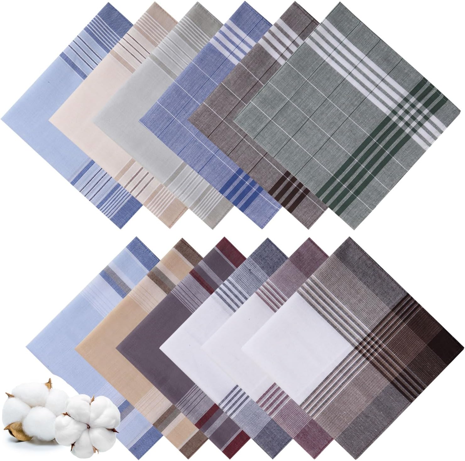 12 Pcs Handkerchiefs for Men, 100% Soft Cotton Men's Handkerchiefs with Check, Large Classic Hankies for Men (16 x 16 Inch)