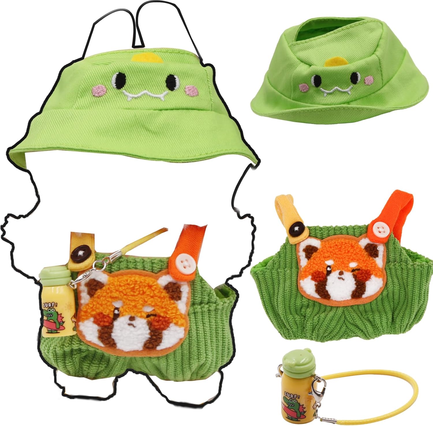 Doll Clothes Outfit for 17cm Dolls with Hat, Overalls & Water Bottle - Stylish, Easy Dress, Gift Giving​ for Collectors, Bag Accessories Pendant Doll Clothes (Green)