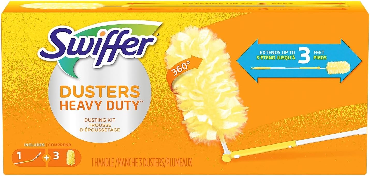 Swiffer 360 Durable Heavy Duty Fiber Dusters with Extendable Handle Kit, White/Yellow (44750)