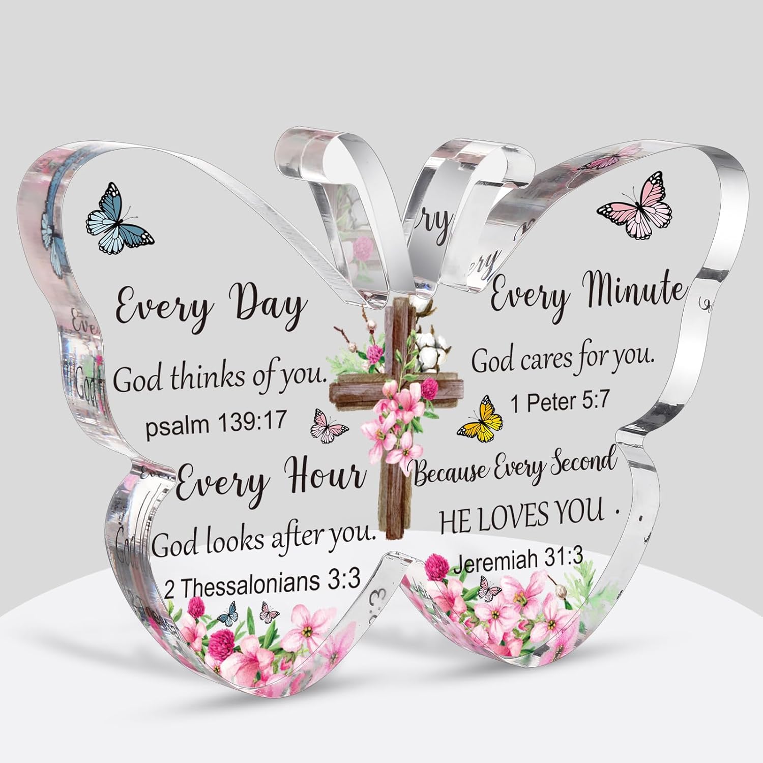 Barydat Acrylic Christian Gifts Bible Verses Religious Gifts for Women Men Inspirational Scripture Gifts Butterfly Prayer Room Decor Faith Keepsake Paperweights for Christmas Home (God Thinks of You)