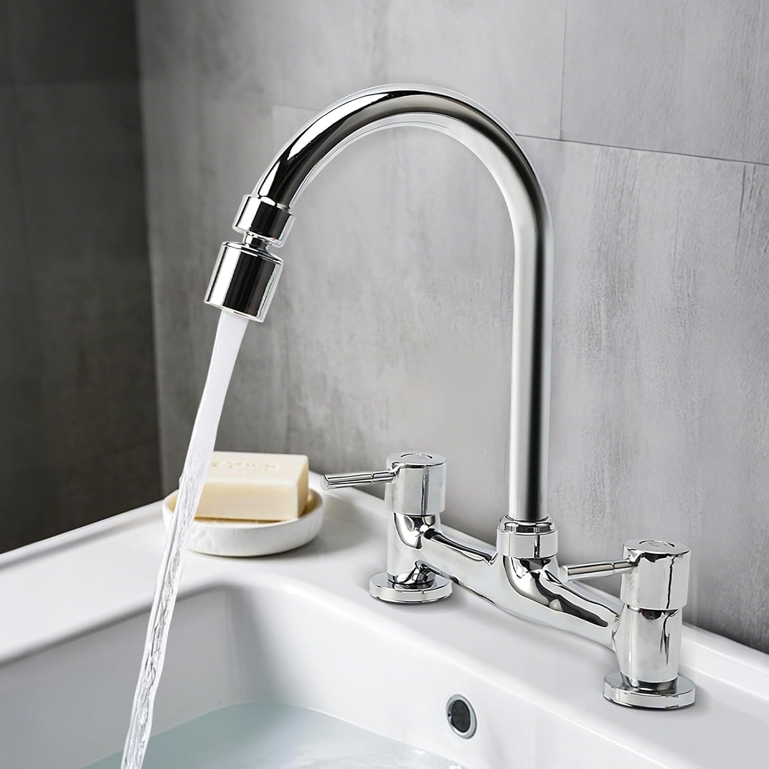 Kitchen Mixer Tap 2 Hole Cold Hot Water Faucet with 2 Function Aerator and Swivel Spout Sink Mixer 360 Swivel Deck Mounted Kitchen Faucet Spout Basins Taps for Bathroom