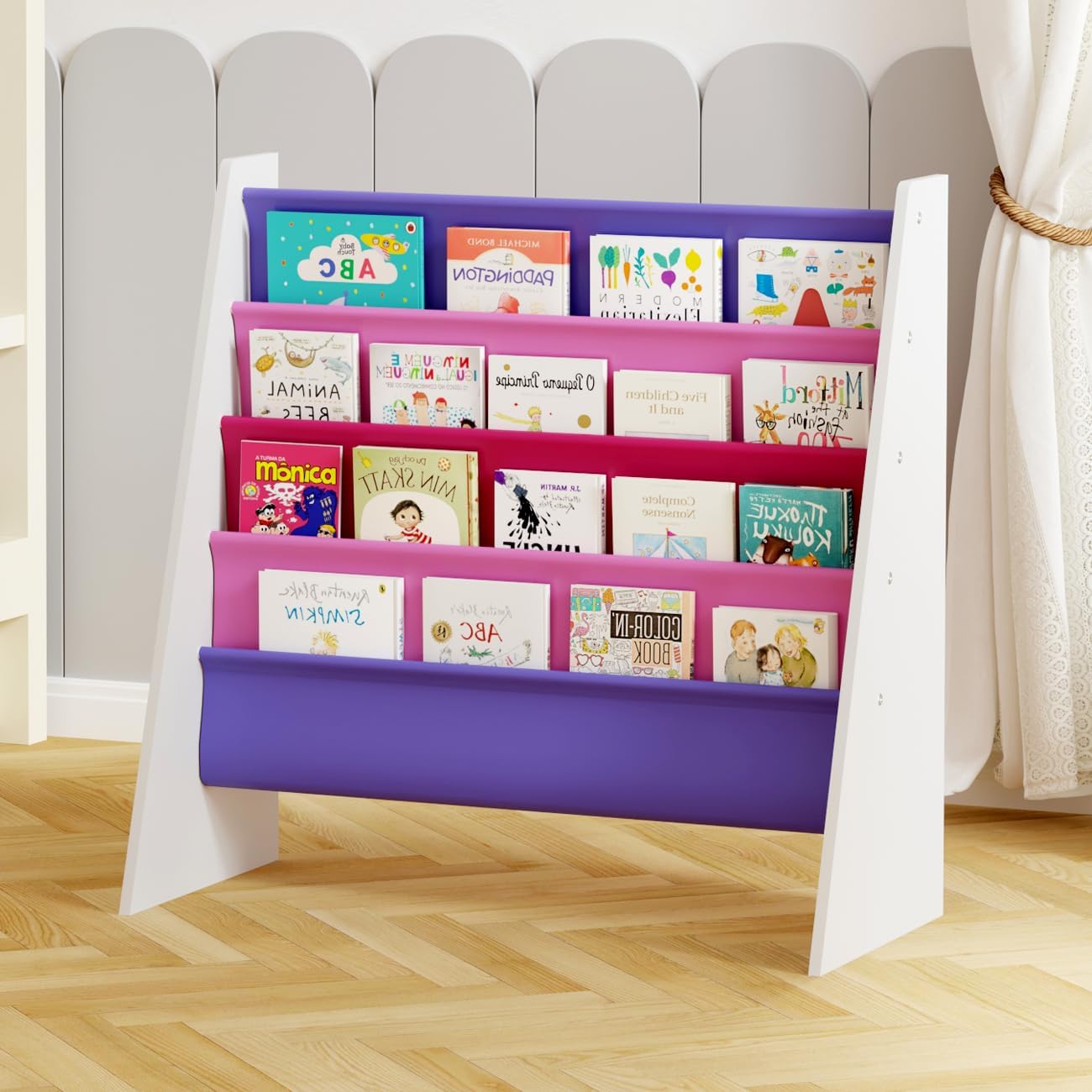 Sling Bookshelf for Kids, Childrens Bookcase for Kids Room, 4-Tier Toddler Book Shelf Organizer, Easy Access Child Book Storage Rack for Nursery, Blue (4-Tier Purple)