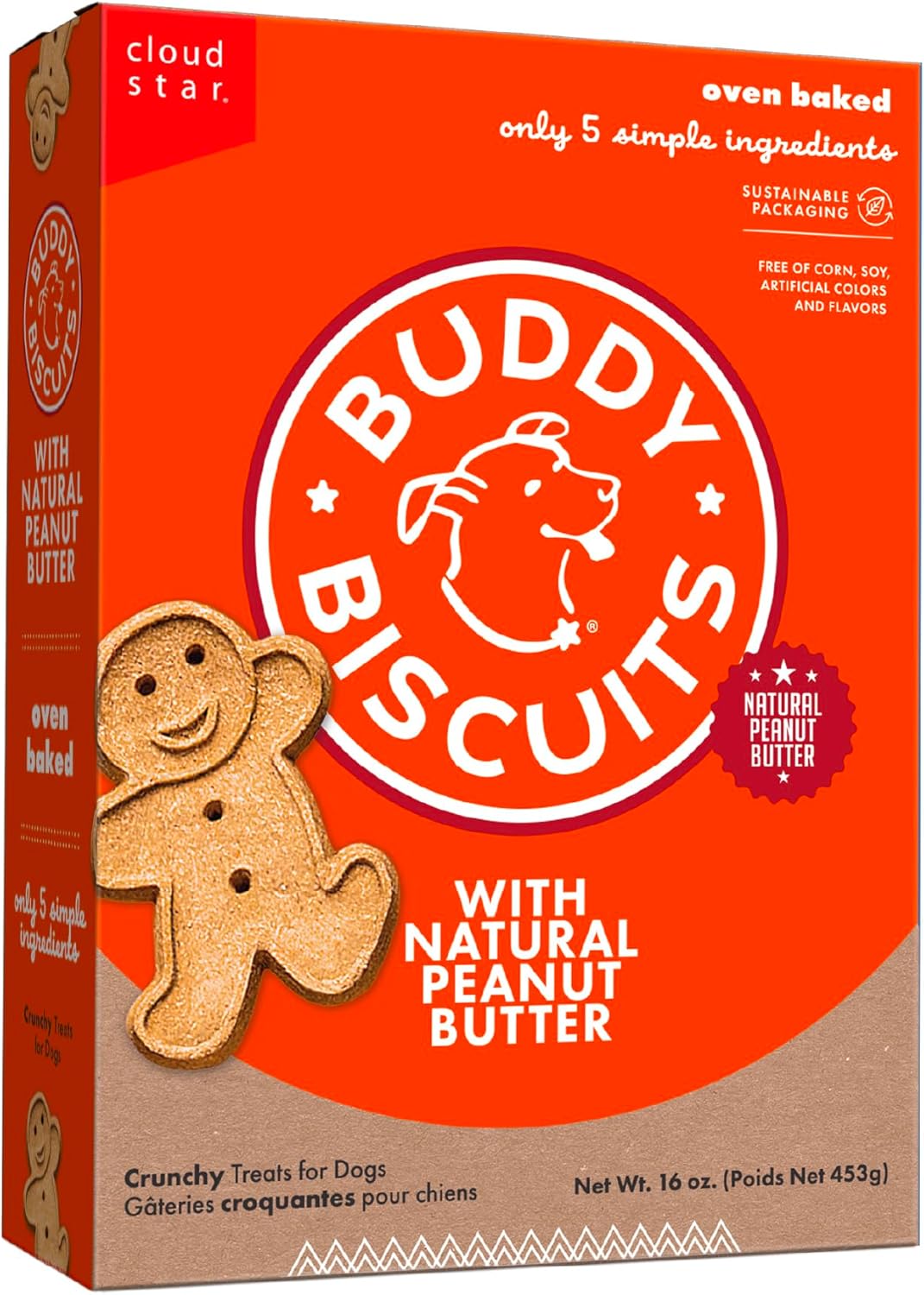 Buddy Biscuits 16 oz Box of Grain-Free Crunchy Dog Treats Made with Natural Peanut Butter