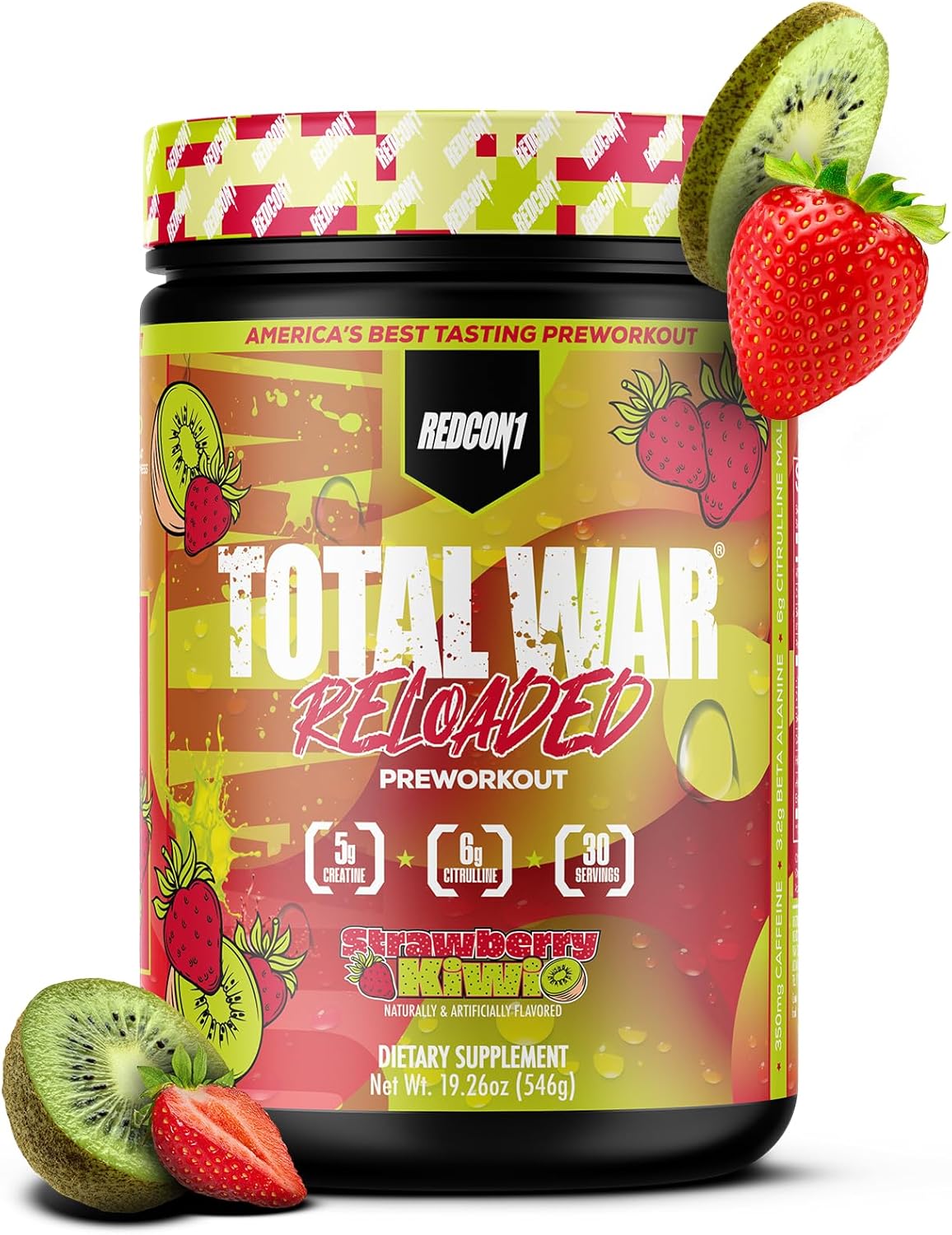 REDCON1 Total War Reloaded Pre Workout, Strawberry Kiwi - Creatine, Beta Alanine + L-Citrulline Malate Keto Friendly for Men & Women with 350mg of Caffeine - Fast Acting (30 Servings)
