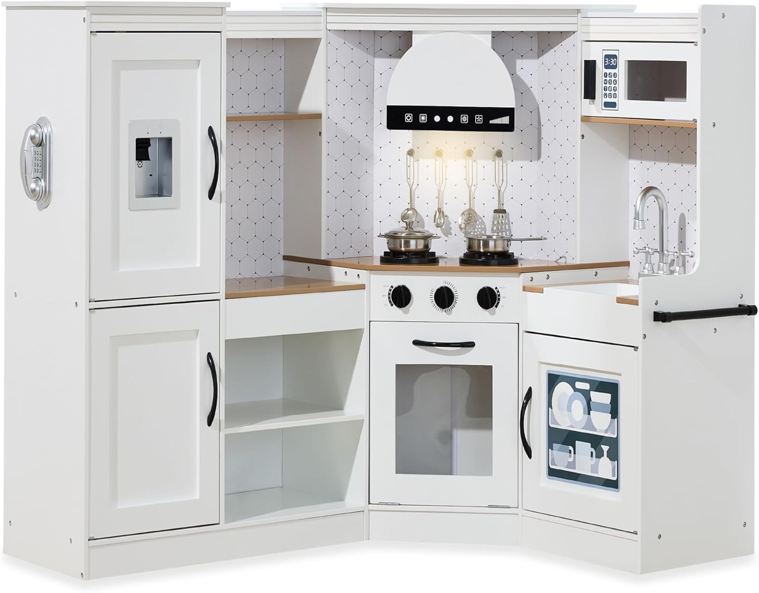 Best Choice Products Pretend Play Corner Kitchen, Ultimate Interactive Wooden Kids Playset w/Lights & Sounds, Ice Maker, Hood - Farmhouse White