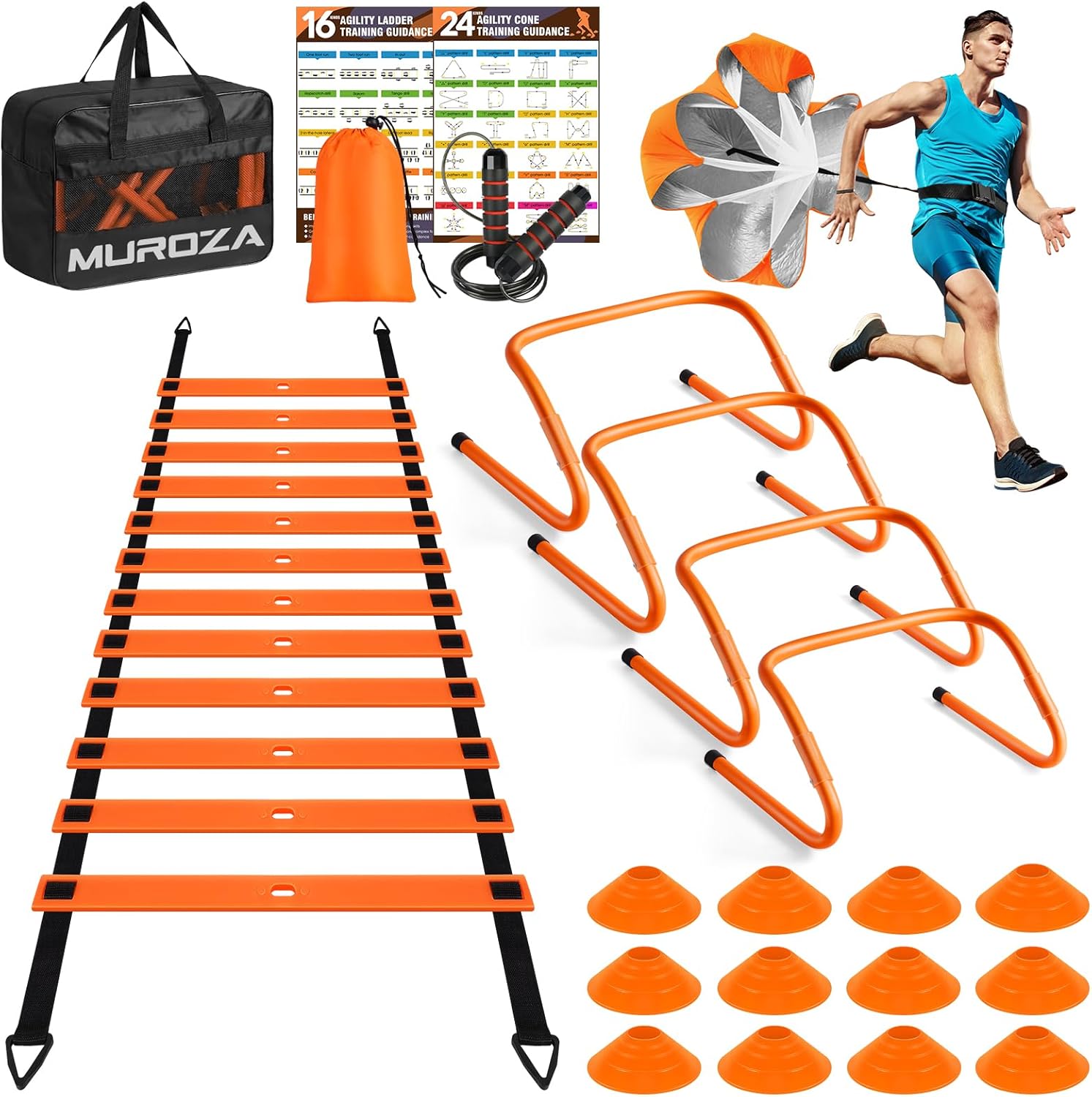 Agility Ladder Speed Training Equipment Set-20ft Agility Ladder,12 Soccer Cones,4 Hurdles, Jump Rope, Running Parachute, Basketball Football Soccer Training Equipment for Kids, Youth, Adults(Orange)