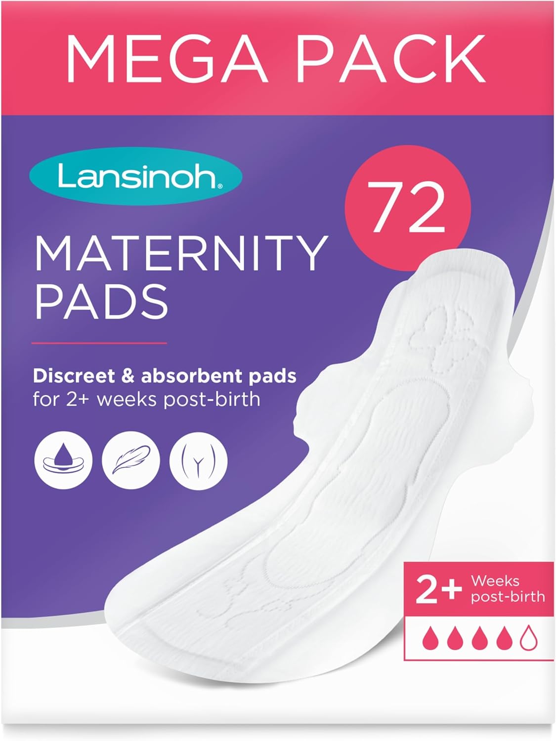 Lansinoh Maternity Pads After Birth Discreet & Absorbent 2+ Week Postpartum with Wings - Pack of 72 - Extra Long Super Slim Soft Fit Postnatal Fragrance Free Breathable Anatomically Sanitary Towels