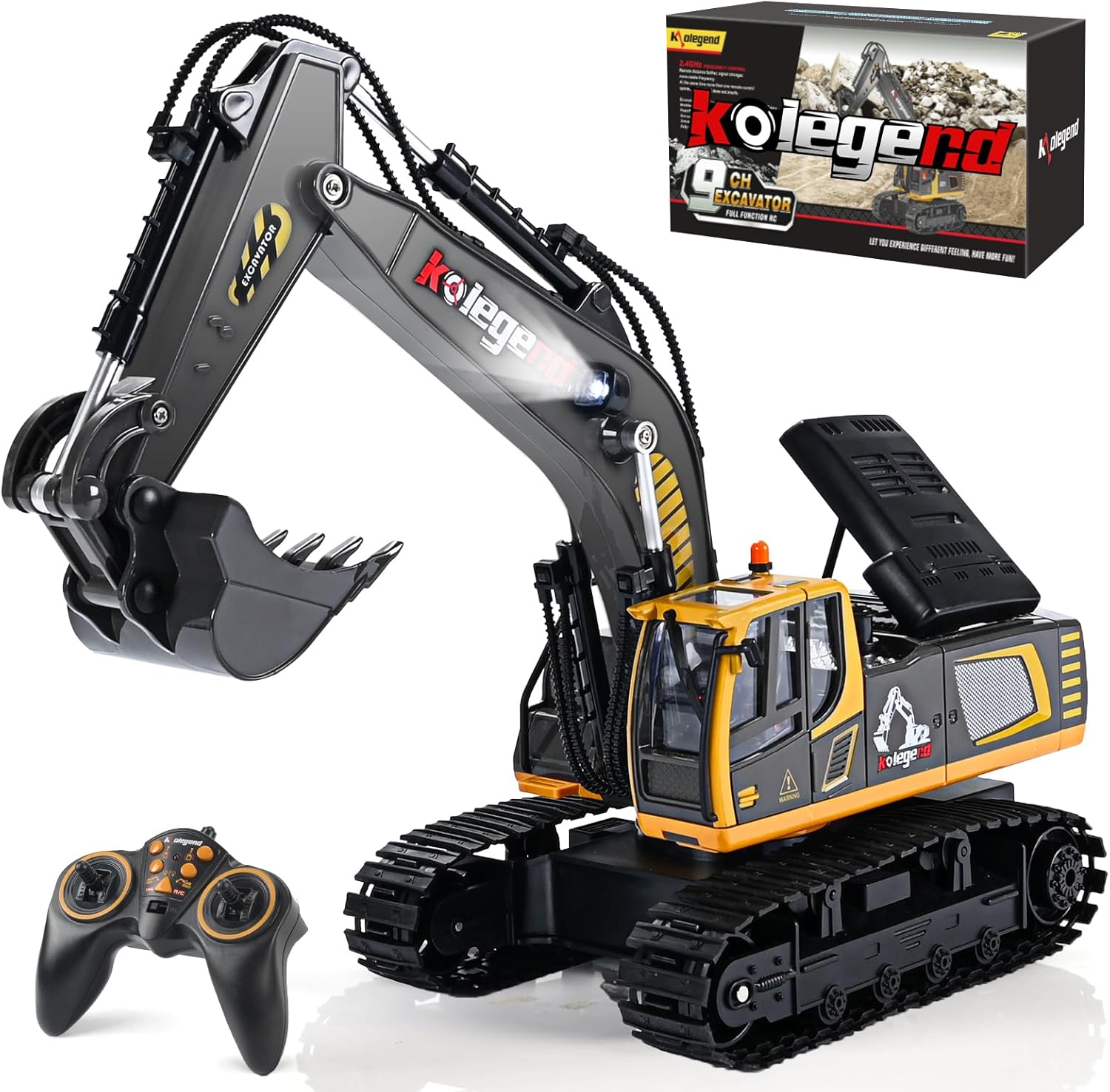 kolegend Remote Control Excavator Toy 16 Inch, 11 Channel RC Construction Vehicles Hydraulic Haulers Digger Toys Gift for 6 7 8 9 10 Years Old Kids Boys