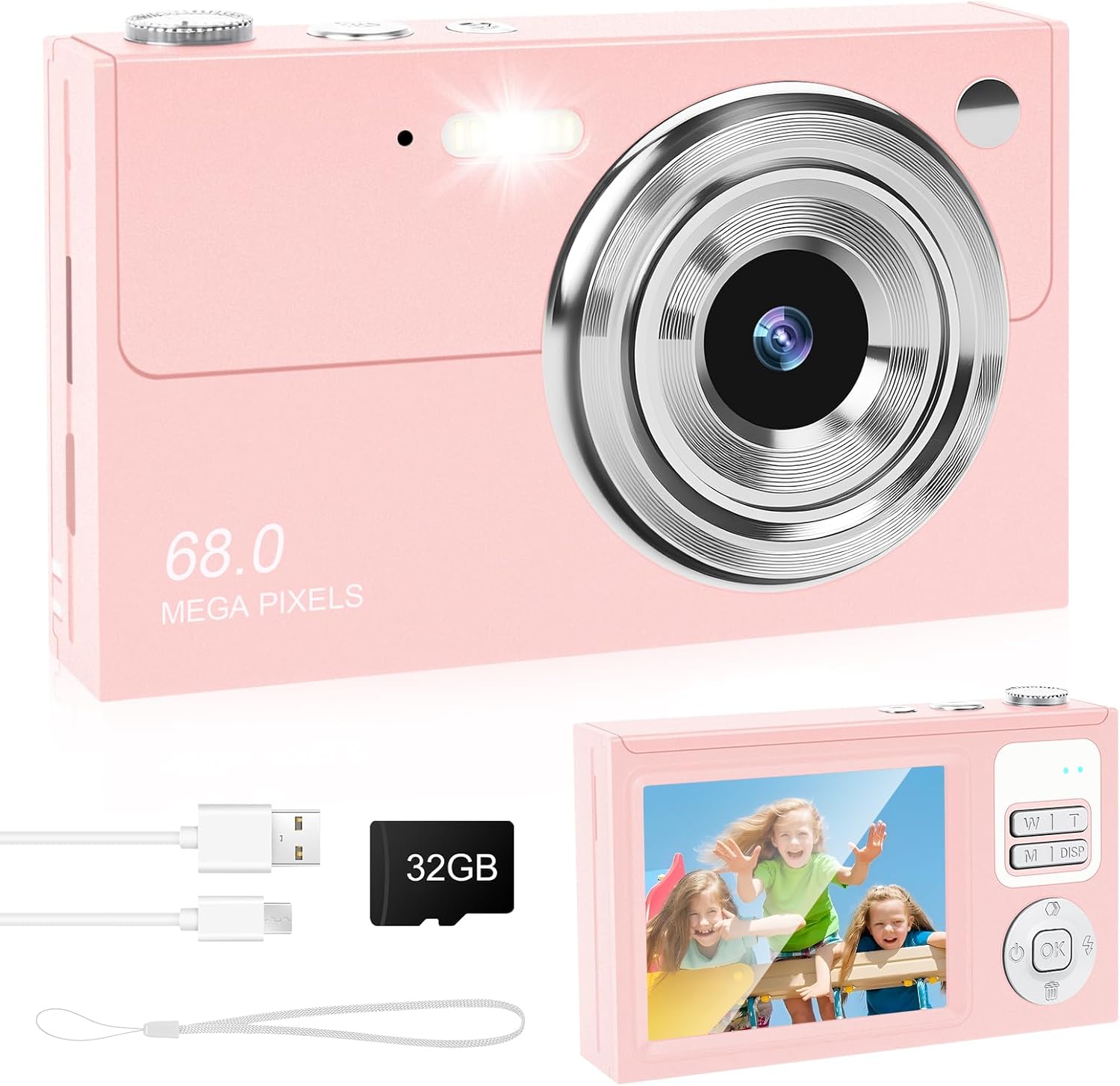 Digital Camera - 68MP Autofocus with 2.8" LCD Screen 16X Digital Zoom Anti-Shake Photography Vlogging Compact Photo Camera with 32gb SD Card for Kids Students Beginners Teens (All Pink)