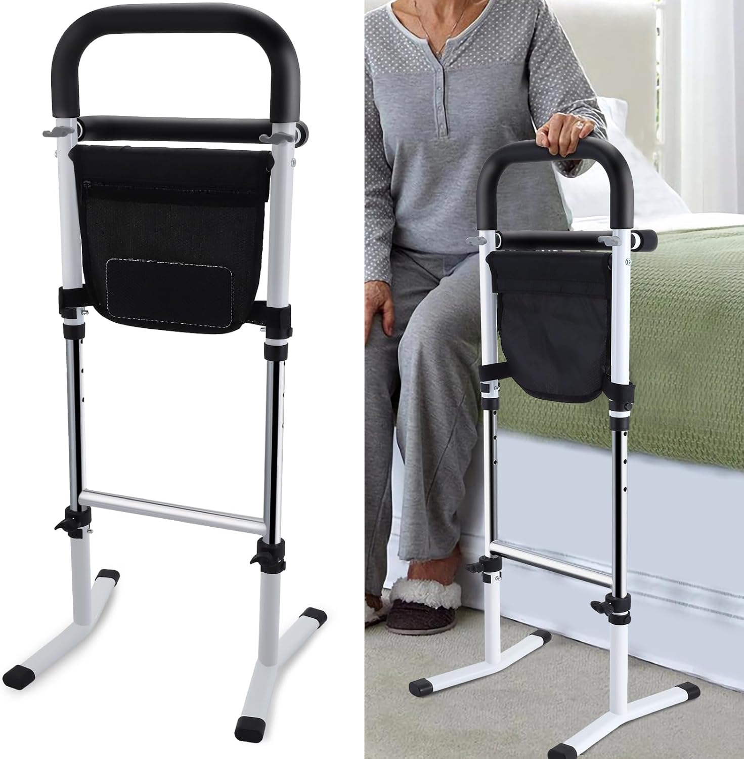 Standing Aid for Seniors, Adjustable Height Walking Aids for The Elderly, Mobility Aids for The Home Bed, Toilet Floor, Sofa, with Storage Pocket