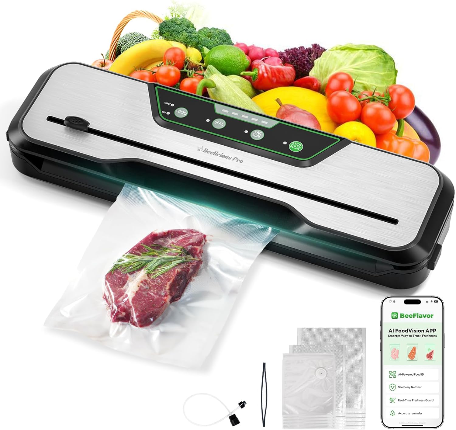 Automatic Food Vacuum Sealer Machine | Beelicious Pro 80KPa 8-In-1 Food Vacuum Saver with Starter Kits | 15 Bags, Pulse Function, Moist & Dry Mode and External VAC for Jars and Containers