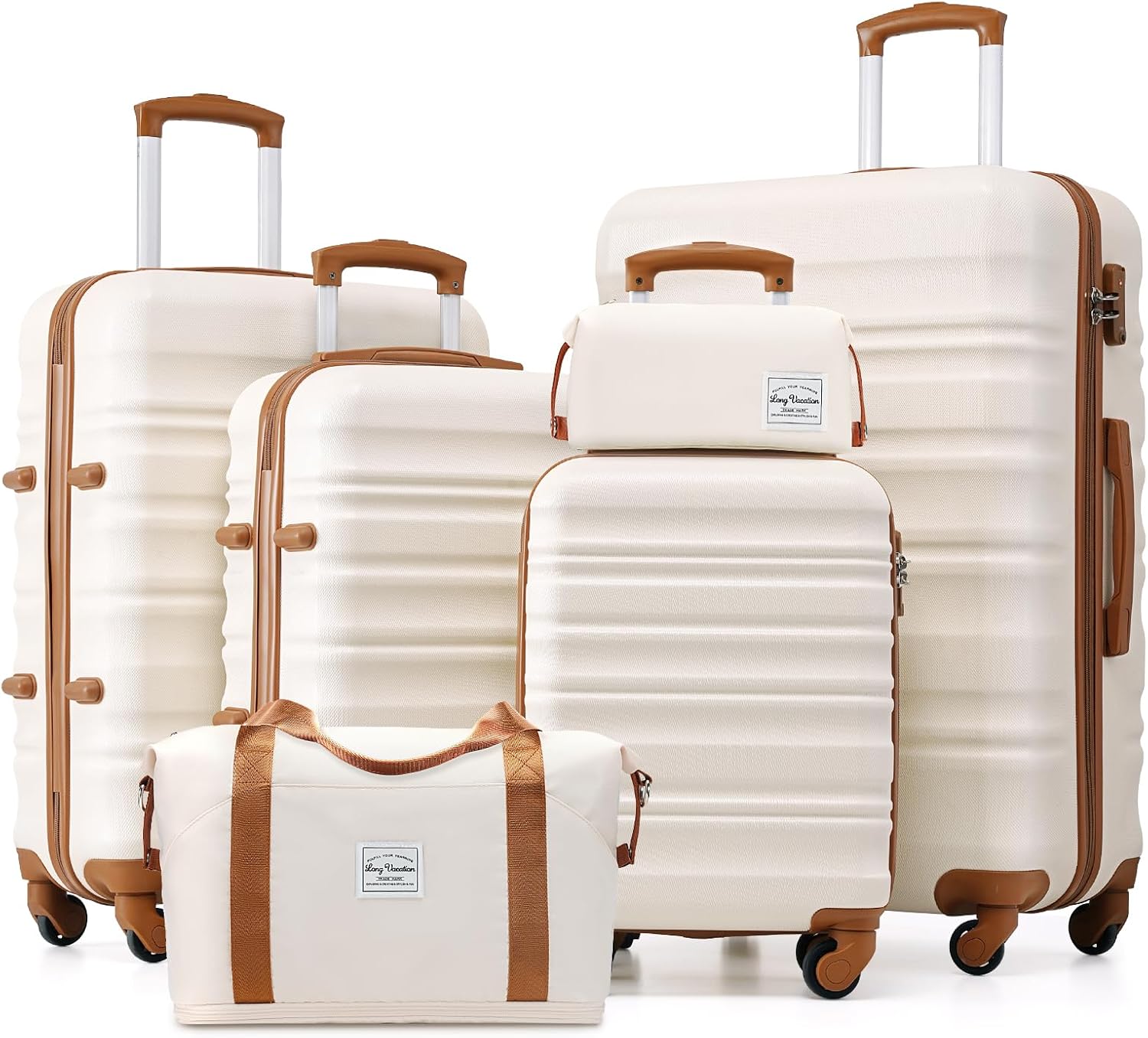 LONG VACATION 6 Piece Luggage Set Carry on Suitcase with ABS+PC hardshell, Spinner Wheels & YKK Zipper TSA Lock (WHITE-BROWN, 6 piece set)