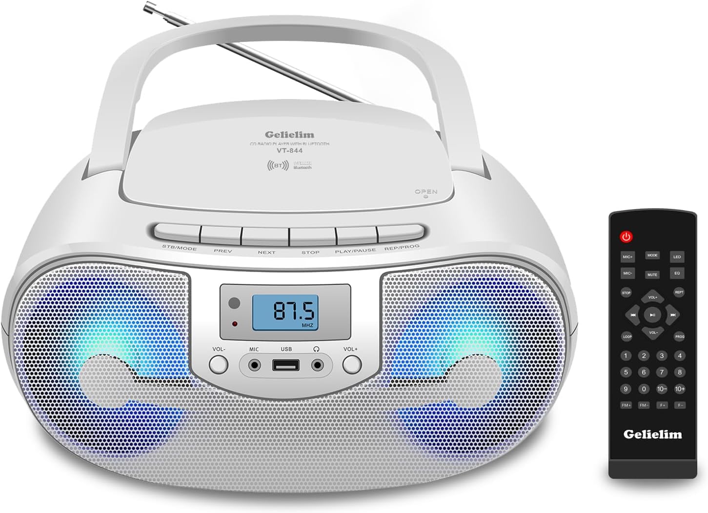 Portable Stereo CD Player Boombox, FM Radio with Bluetooth, Remote Control,CD Players for Home with Headphone/Mic Jack, Disco Light Support CD-R/RW/MP3, USB, AC/Battery Operated, White