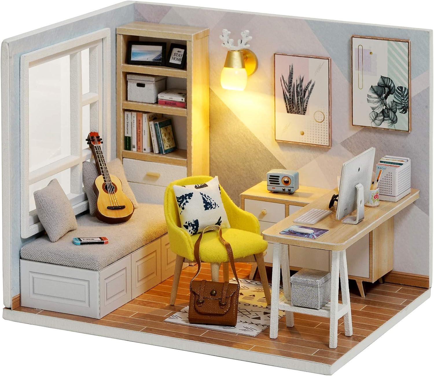 piberagi DIY Miniature Dollhouse Kit, 1:32 Scale Creative Room Mini Wooden Doll House with Furniture Plus Dust Proof for Kids Teens Adults(Study Room)
