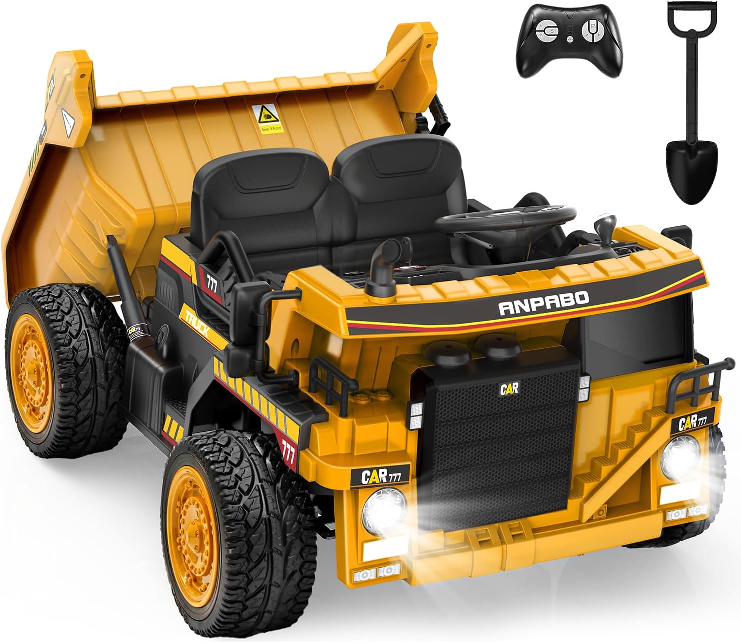 ANPABO 24V Ride On Dump Truck, 2X75W Powerful Motors, Up to 4.4Mph, EVA Tires, Construction Vehicle w/Electric Dump Bed and Extra Shovel, 19" Spacious Seat, Kids Car w/Parent Remote -Yellow
