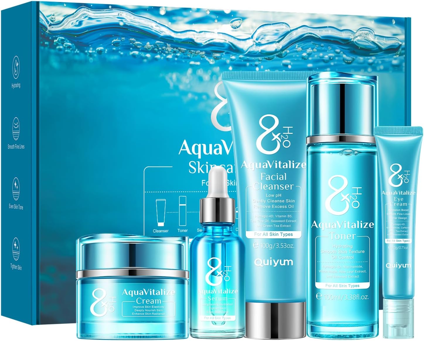 Skincare Set, 8X H2O AquaVitalize Face Care Kit, Hydrating Facial Cleanser, Toner, Serum, Eye Cream & Cream, Pamper Gifts for Women Mom Birthday, Plump, Smooth & Glass Skin for All Skin Types