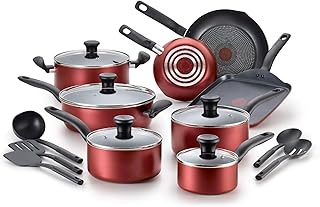 T-fal Initiatives Nonstick Cookware Set 18 Piece, Oven Broiler Safe 350F, Kitchen Cooking Set w/ Fry Pans, Saucepans, Saute Pan, Dutch Oven, Griddle, Pots and Pans, Home, Dishwasher Safe, Red