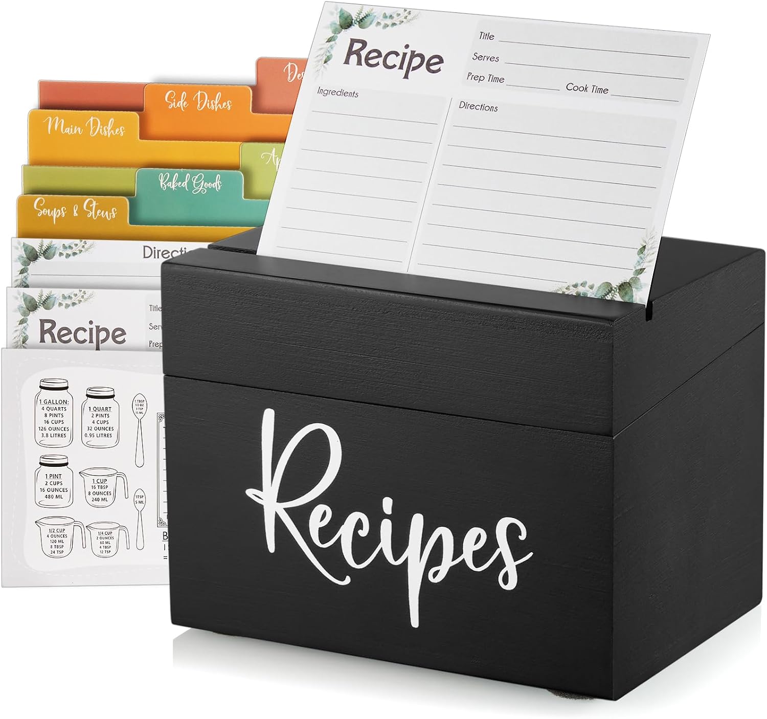 DRASTAR Recipe Box, Wooden Recipe Organizer,Black Recipe Holder Box with 50 Recipe Cards 4"x6" & 6 Dividers, Recipe Book to Write in Your Own Recipes