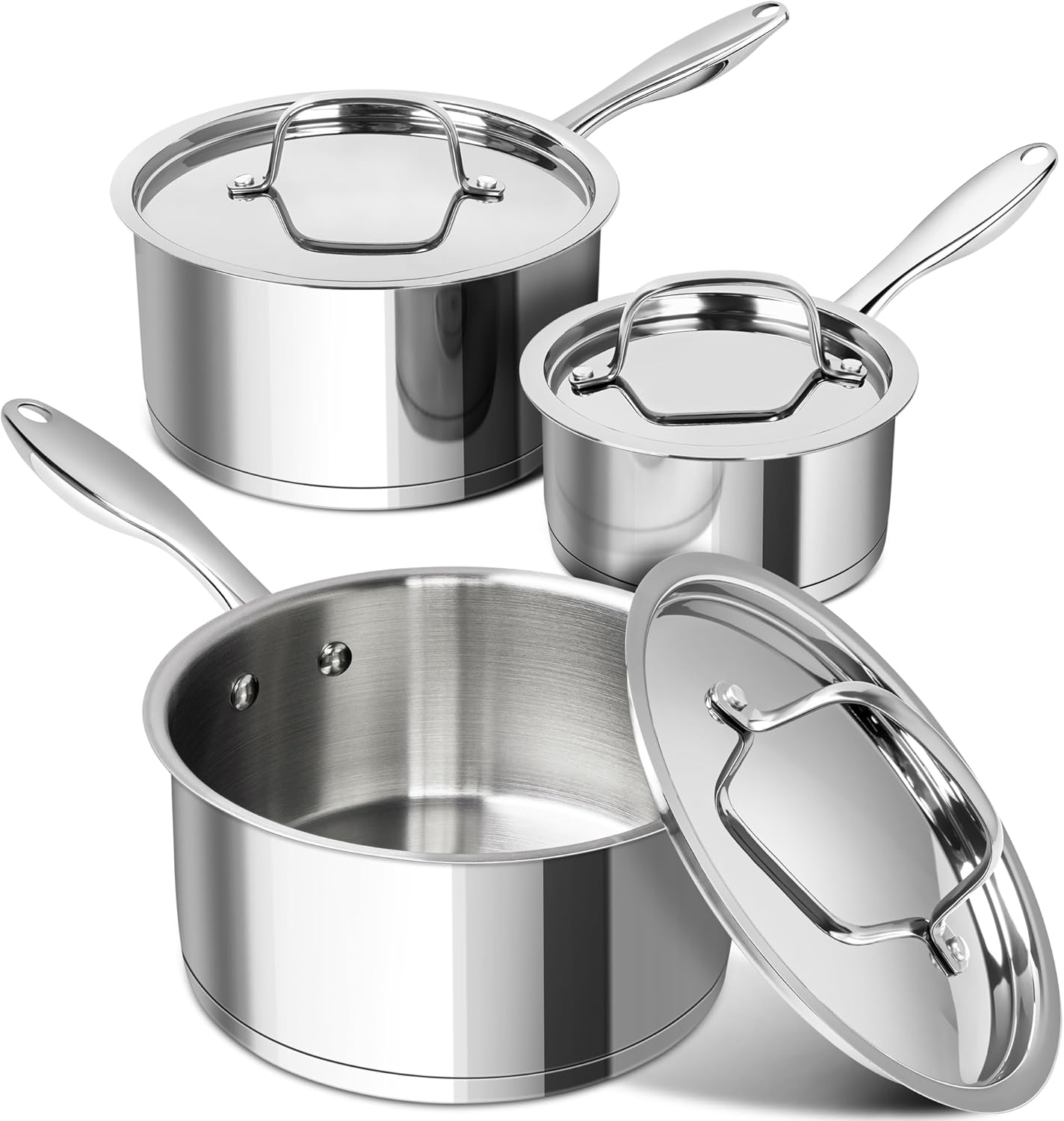 MICHELANGELO Stainless Steel Saucepan Set with Stainless Lids, Tri-Ply Bottom Sauce Pan with Lid, Sauce Pot Set 1QT & 2QT &3QT, Nonstick Saucepan, Dishwasher Safe