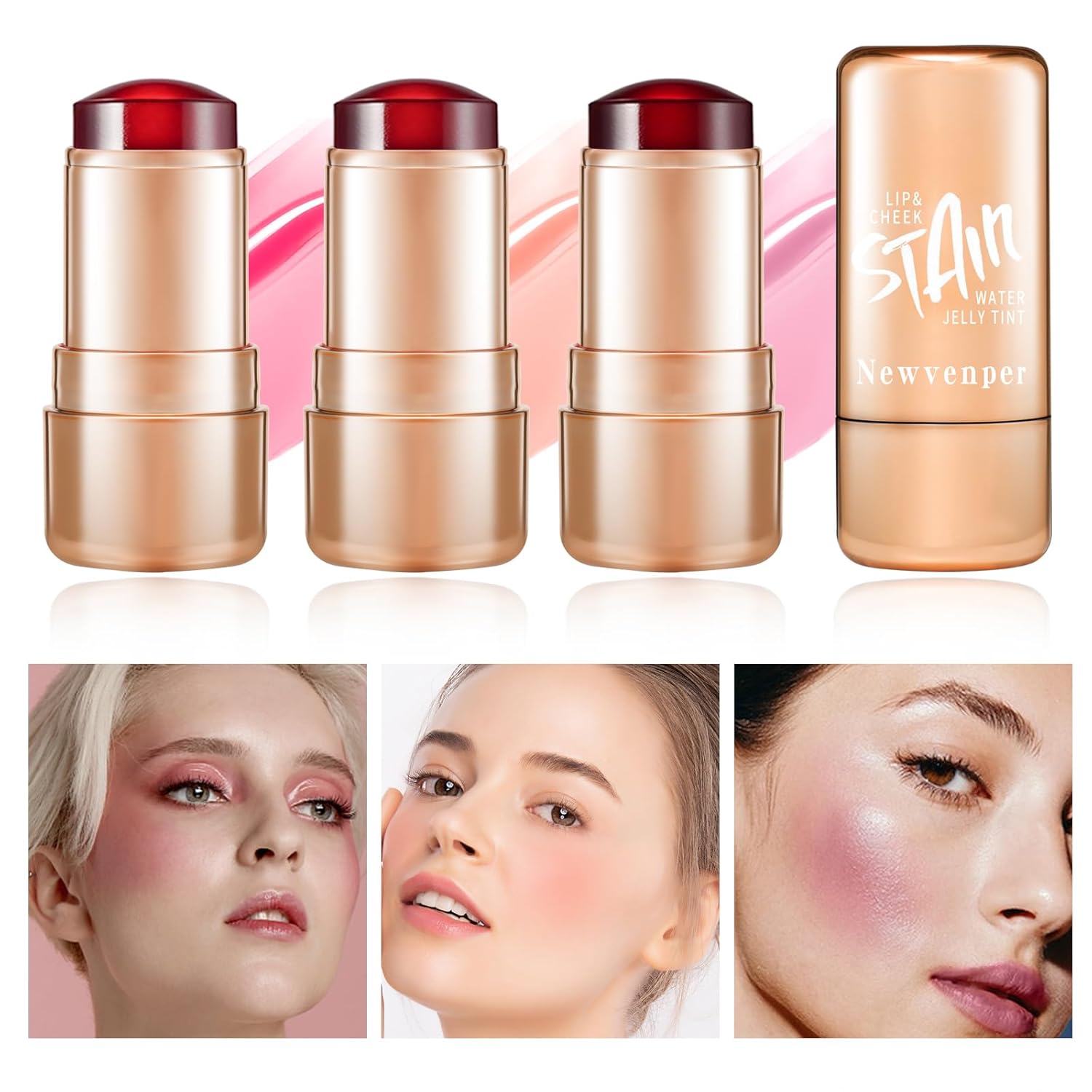 3pcs Jelly Blush Stick, Multi-purpose Lip and Cheek Colour Stick, Jelly Texture Waterproof, Moisturising and Long-lasting, Non-sticky, Create Watercolour Makeup Effect for Women and Girls(1#+2#+3#)