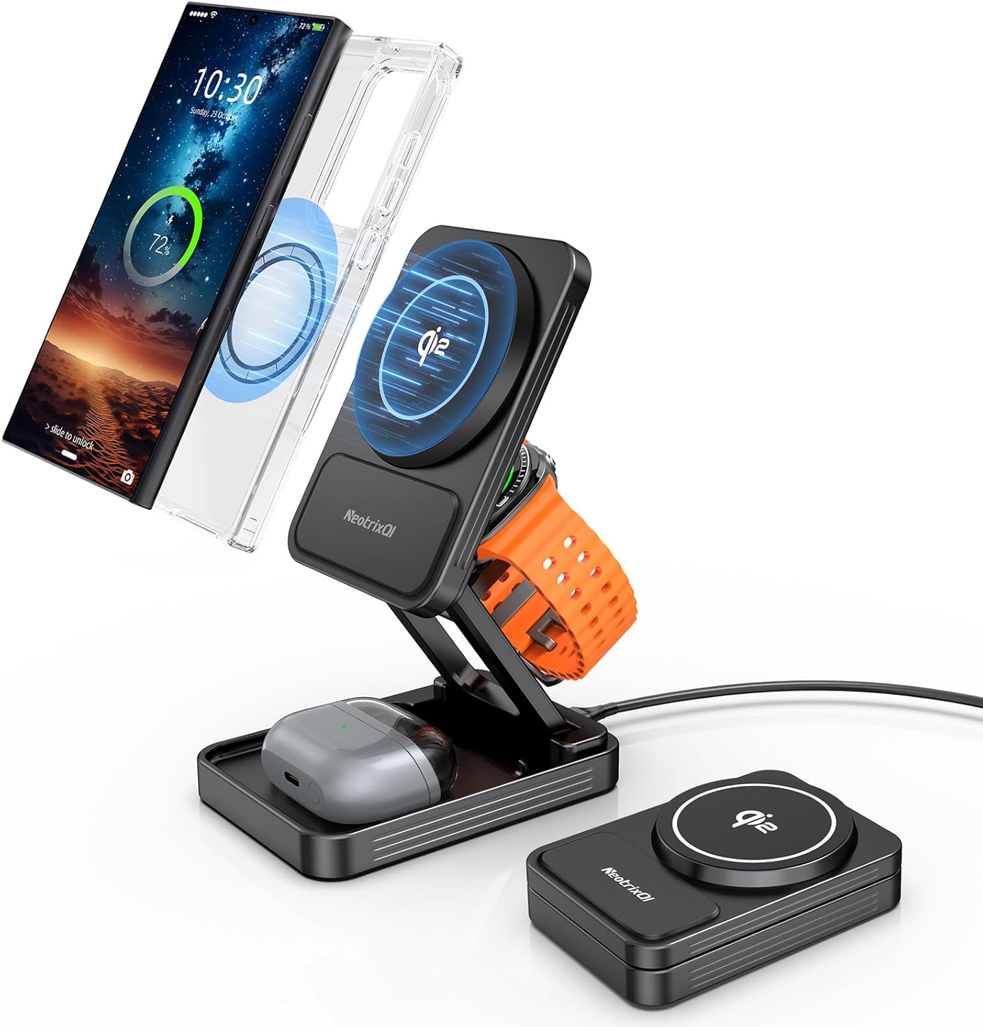 Magnetic Wireless Charger for Samsung, Aluminum Alloy 3 in 1 MagSafe Charging Station for Samsung Galaxy S25 Ultra/Z Fold7/Flip7/Buds, Qi2 Foldable Travel Watch Charger for Galaxy Watch 8/Ultra/7