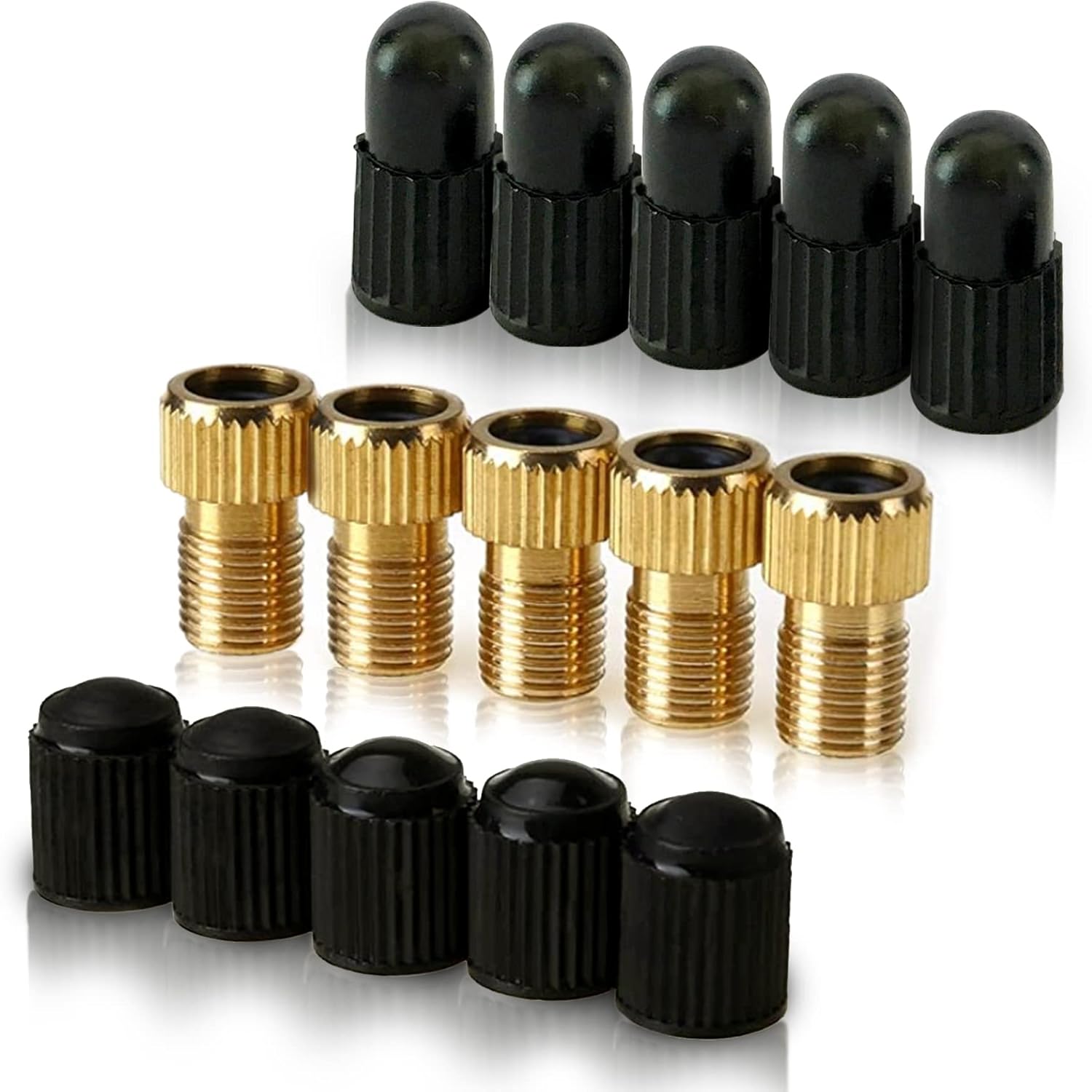Brass Presta Valve Adaptor (Pack of 5 + 10 Caps) - Convert Presta to Schrader for All Types of Bikes, e-Bikes, and e-Scooters - Inflate Tire Using Standard Pump or Air Compressor - by Mobi Lock