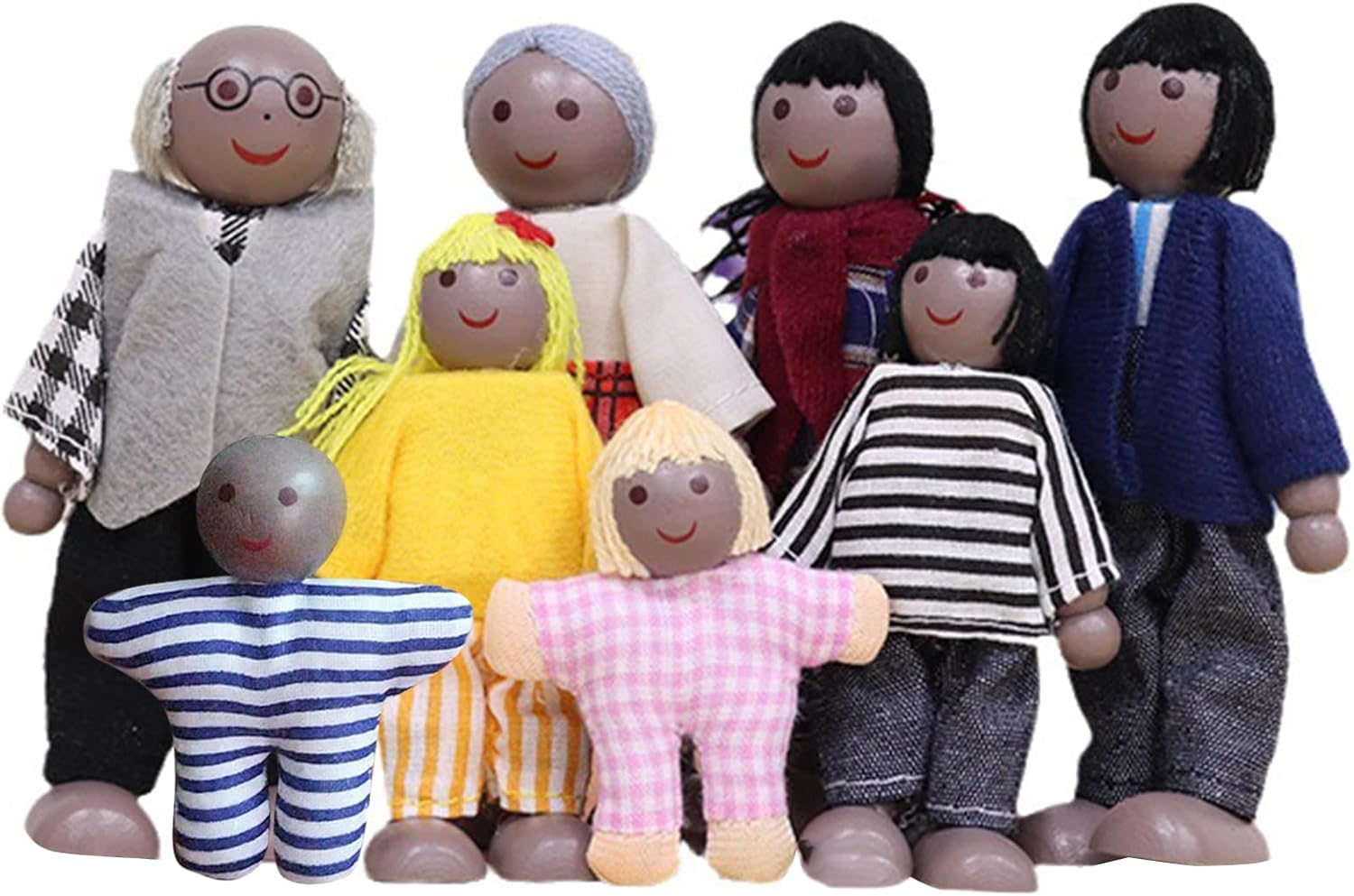 DAVBNM Sets of 7 Wooden Dolls House Family Dolls Toys, Wooden Doll House, Lovely Happy Family Doll Playset DollHouse Accessories