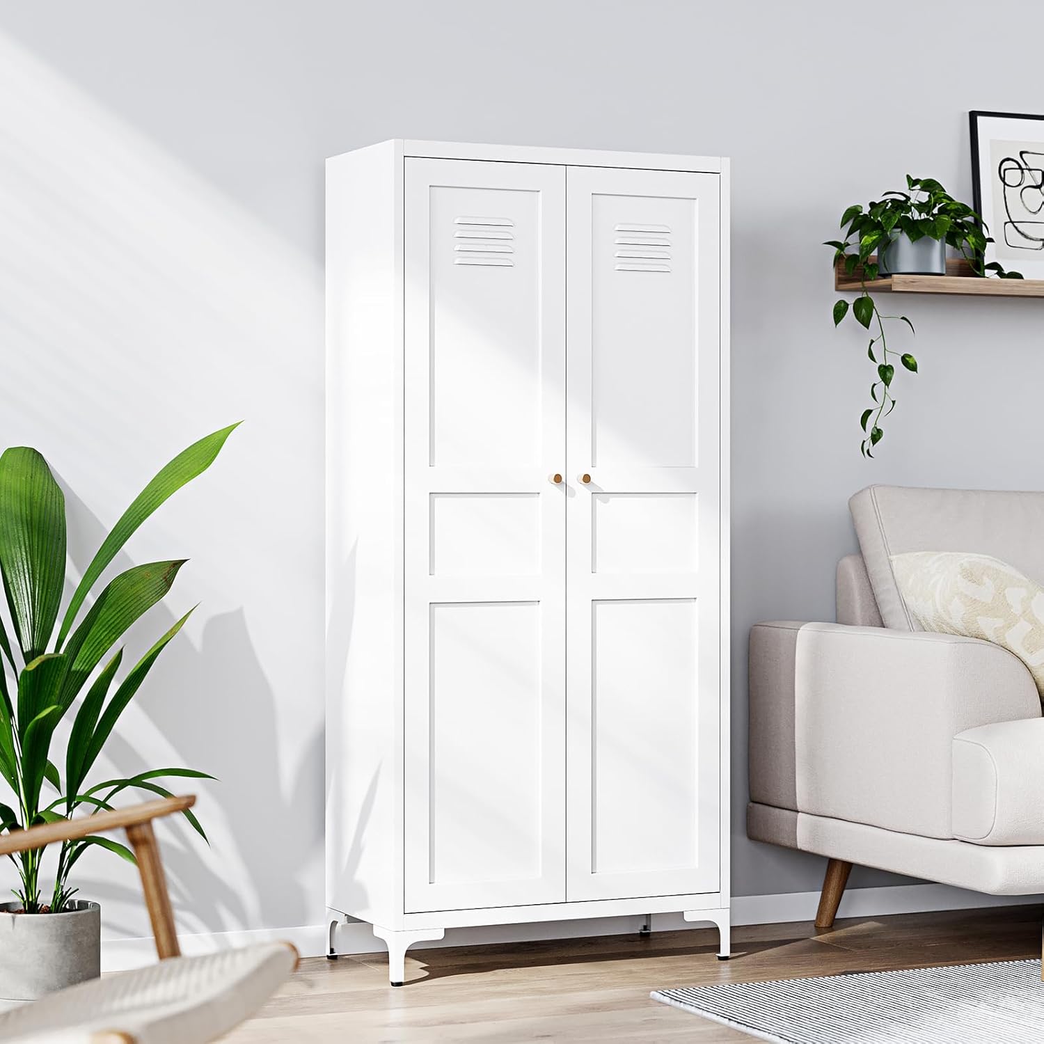 Yizosh Metal Storage Cabinet with 2 Doors and 4 Adjustable Shelves - 61" White Kitchen Pantry Storage Cabinet, 5-Tier Tall Steel Cabinet Locker for Kitchen, Living Room, Dining Room