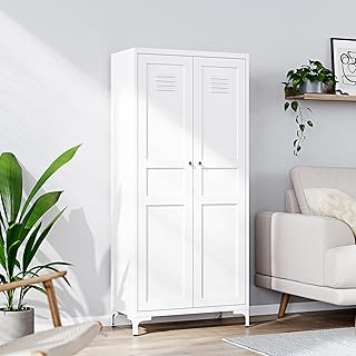 Yizosh Metal Storage Cabinet with 2 Doors and 4 Adjustable Shelves - 61" White Kitchen Pantry Storage Cabinet, 5-Tier Tall Steel Cabinet Locker for Kitchen, Living Room, Dining Room
