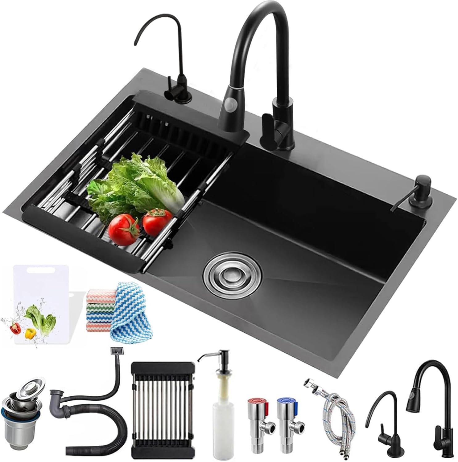 Kitchen Sink, Stainless Steel Single Bowl Sink, Embedded/Top Mounted Workbench Sinks With Sliding Accessories, Workbench Sink With Multiple Accessories (Black, 19.7 x 17.7in)