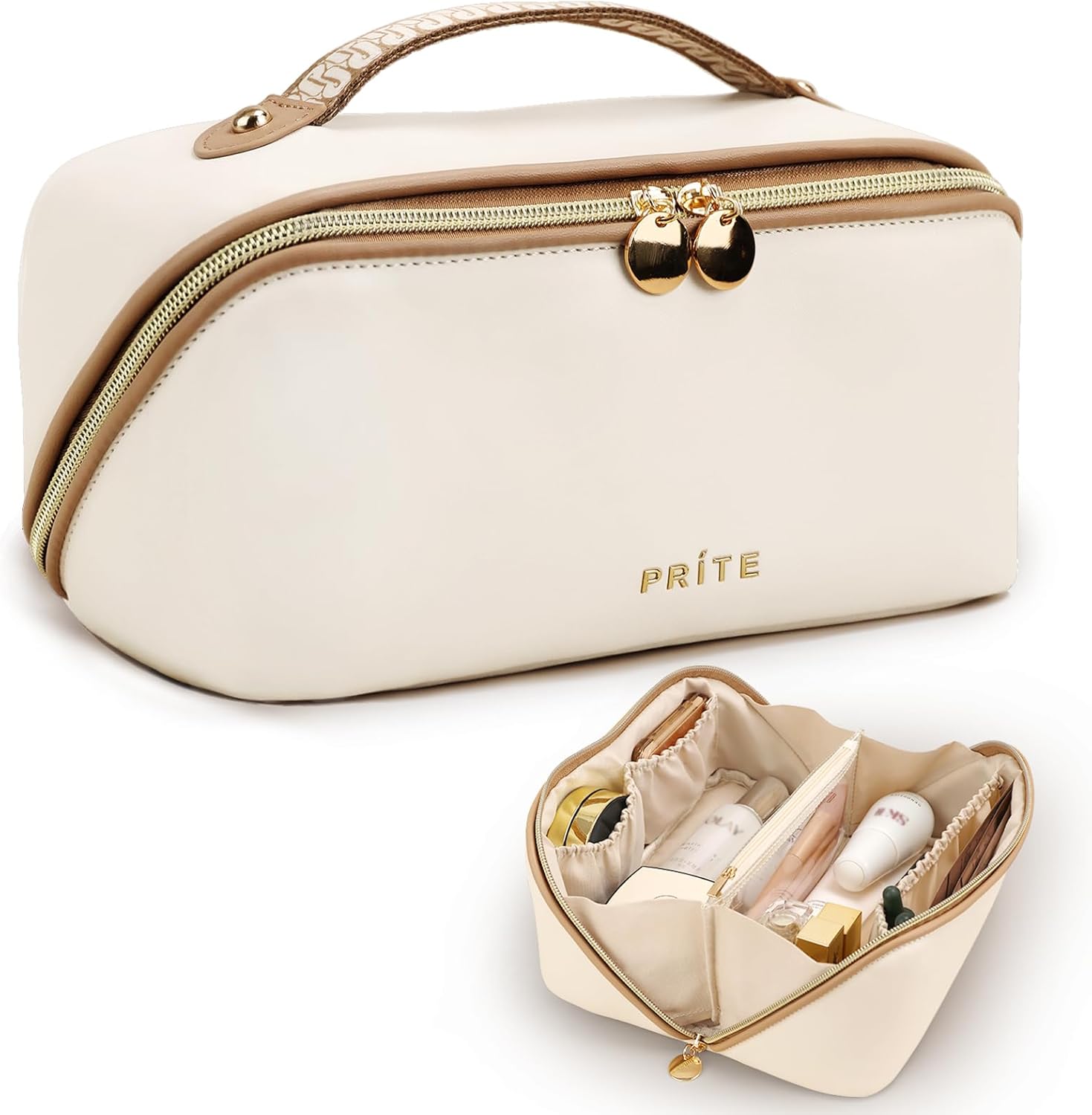 Prite Large Capacity Cosmetic Bag for Women Portable Waterproof PU Leather Makeup Bag Open Flat Makeup Organizer With Clear Divider and Handle(Beige)