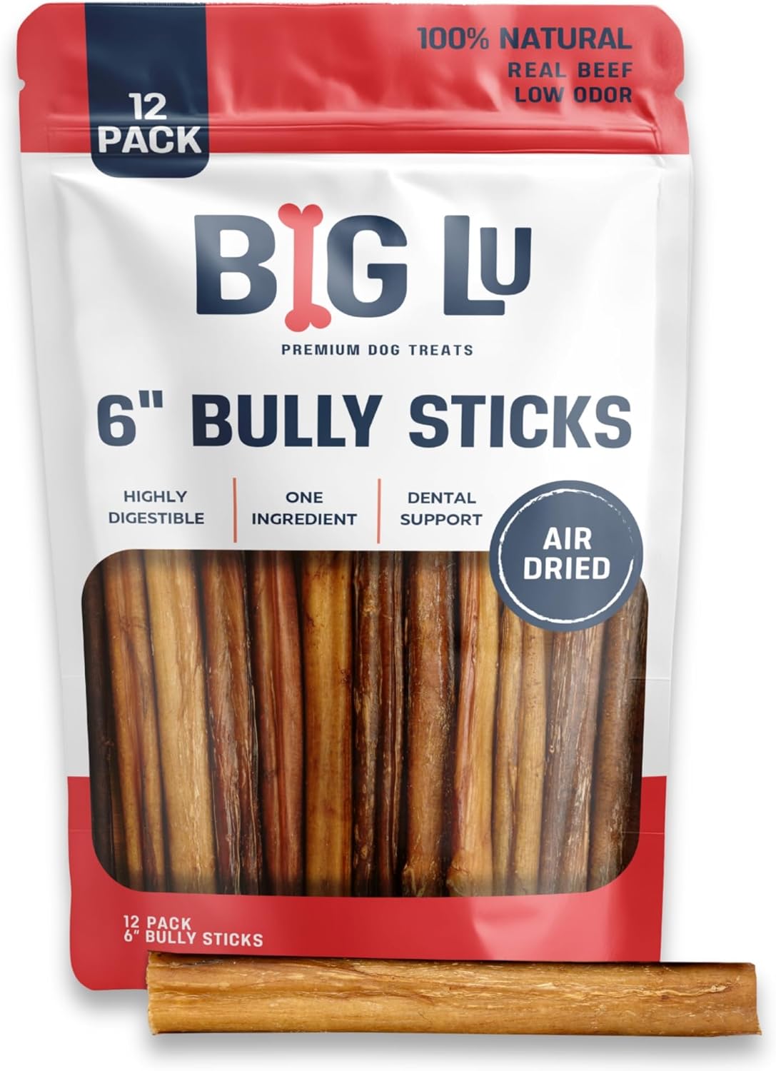 Big Lu - 6” Regular Bully Sticks, 12 Count, 100% Grass-Fed Beef Chews, Fully Digestible, Long-Lasting Treats for Aggressive Chewers, Natural Single-Ingredient Chews for All Dog Breeds